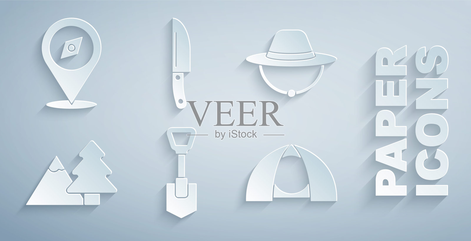 设置铲子,野营帽,山与树,旅游帐篷,刀和指南针图标。向量插画图片素材