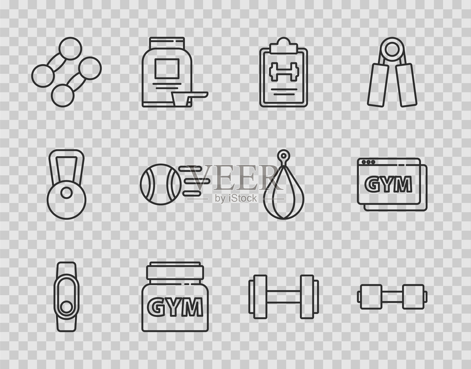 设置线智能手表,哑铃,运动训练计划,运动营养,网球,在线健身和图标。向量图标素材