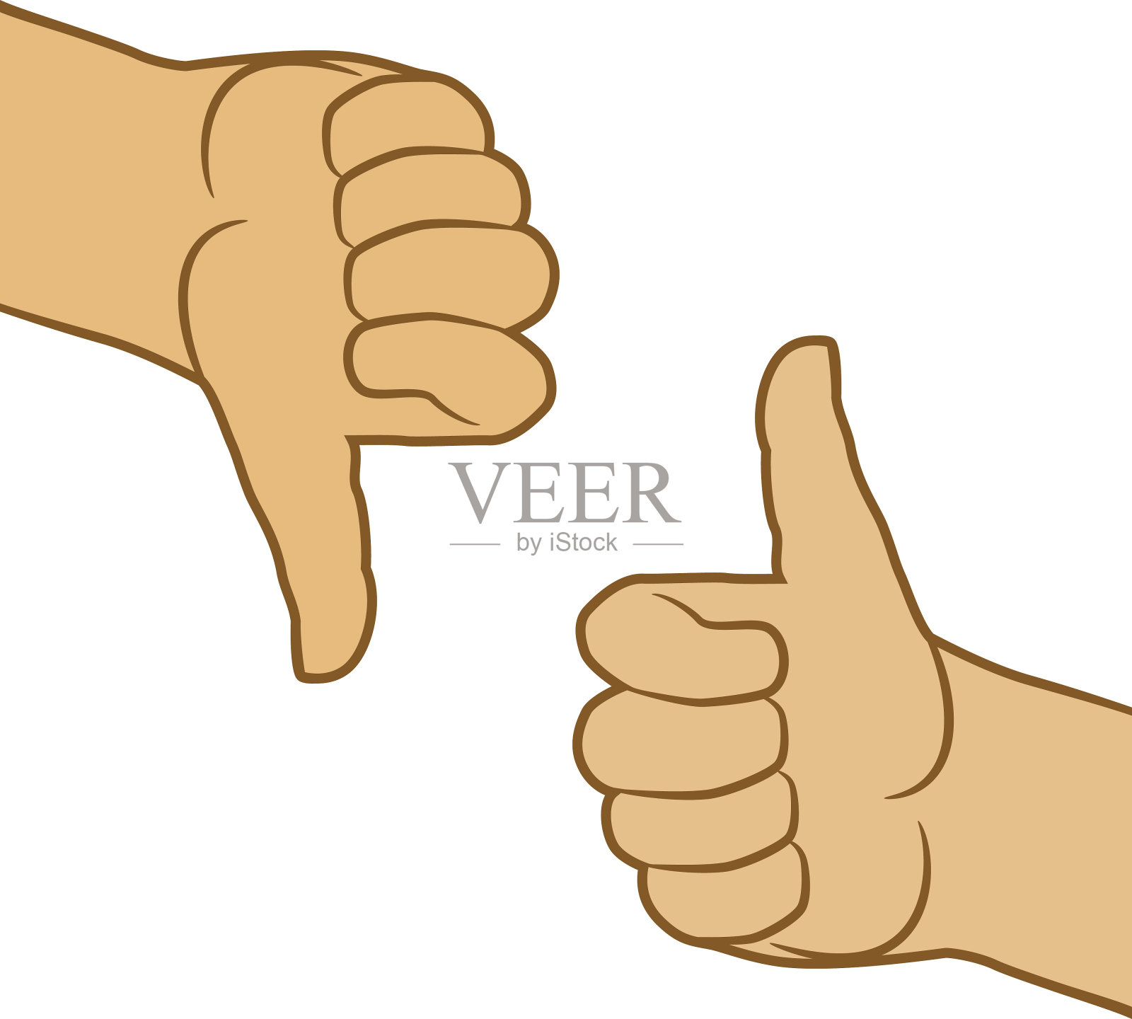 男子双手的拼贴画,大拇指在白色背景上向上和向下。表示赞同和反对的手势。模拟调查或投票。插画图片素材