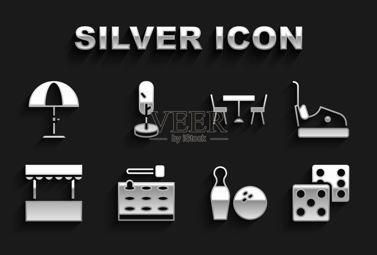 集游戏机,碰碰车,游戏骰子,保龄球瓶和球,售票处,野餐桌椅,遮阳伞和树的图标。向量图标素材