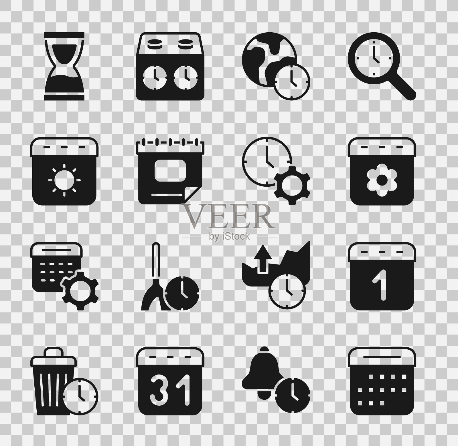 设置日历,春天,世界时间,夏天,旧沙漏和时间管理图标。向量图标素材