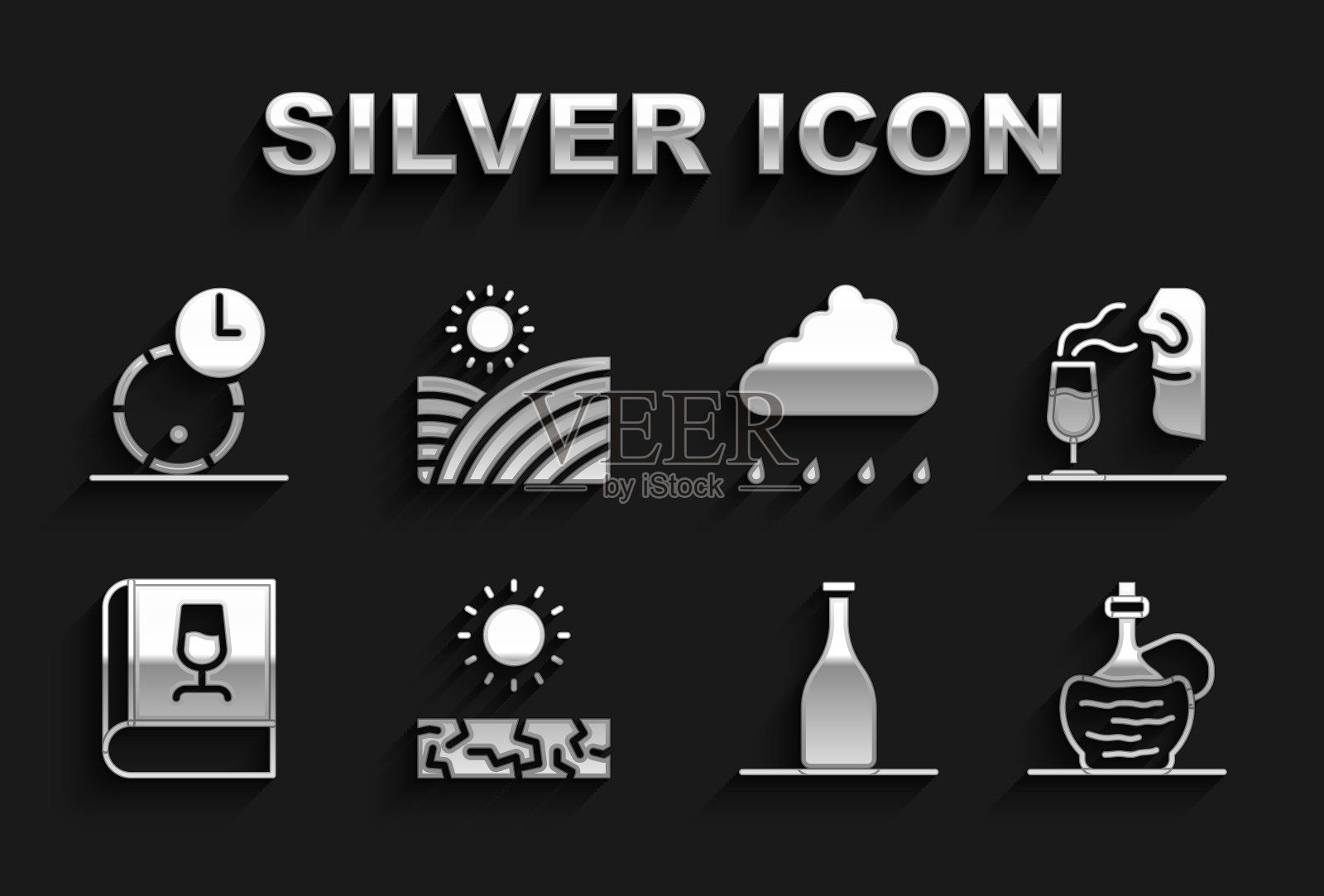 设置乾旱,侍酒师,葡萄酒在意大利惨败瓶,瓶葡萄酒,书约,云与雨,木桶和葡萄园的葡萄图标。向量图标素材