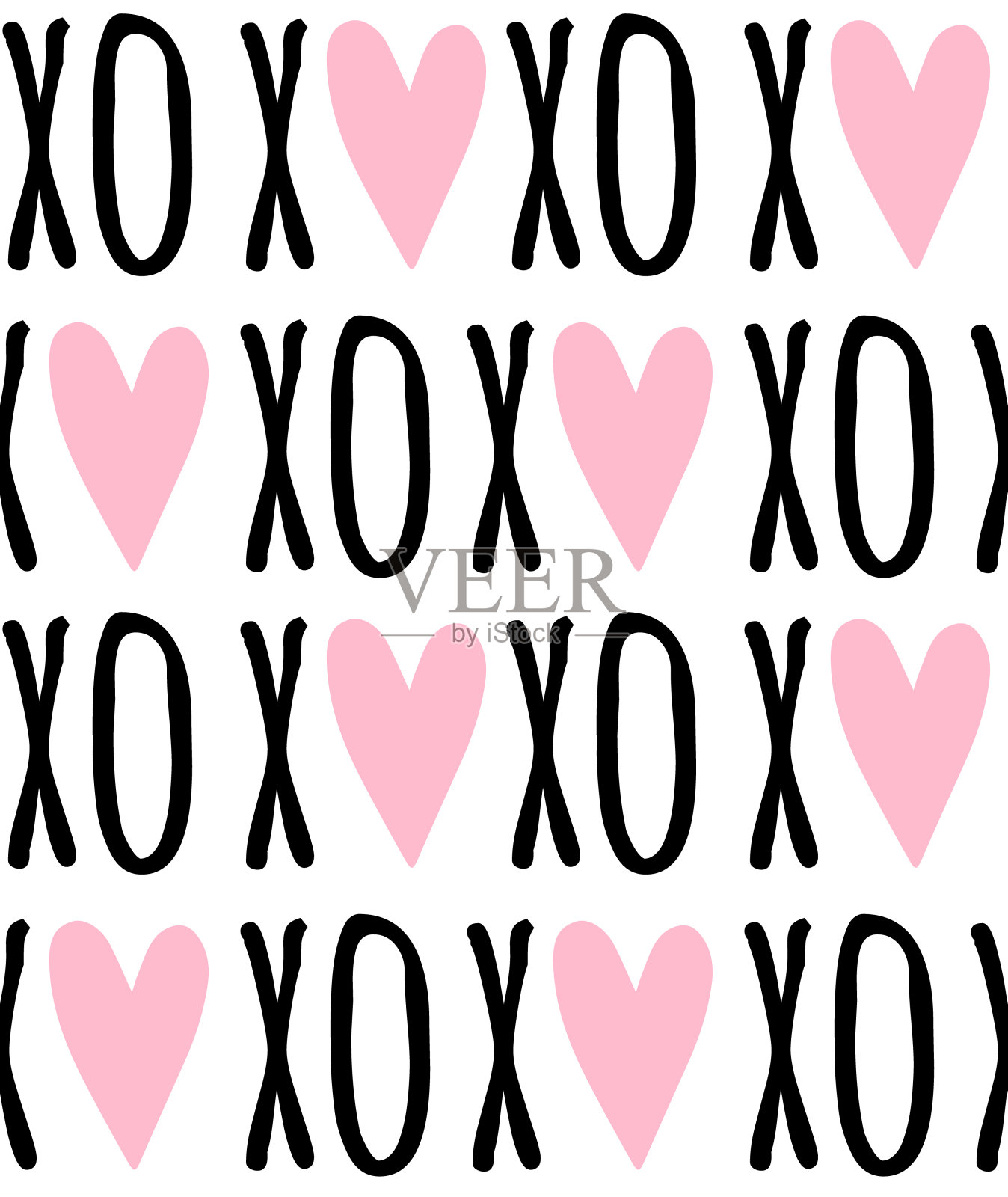 矢量无缝图案手绘xoxo文本和心插画图片素材