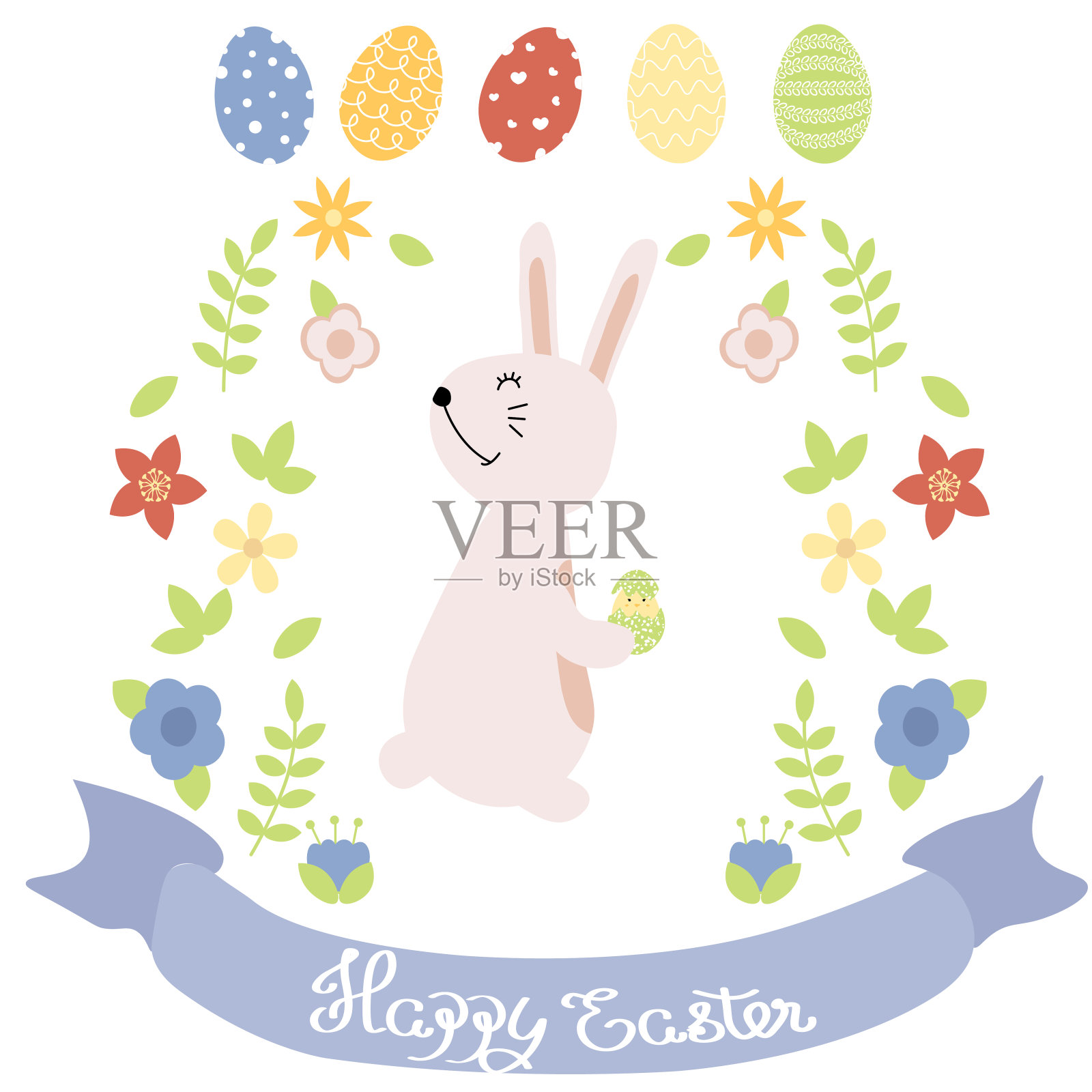复活节的彩蛋,兔子和花在柔和的颜色。复活节问候短信快乐。为网站标题设计,横幅,海报,卡片,纸打印,明信片,背景插画图片素材