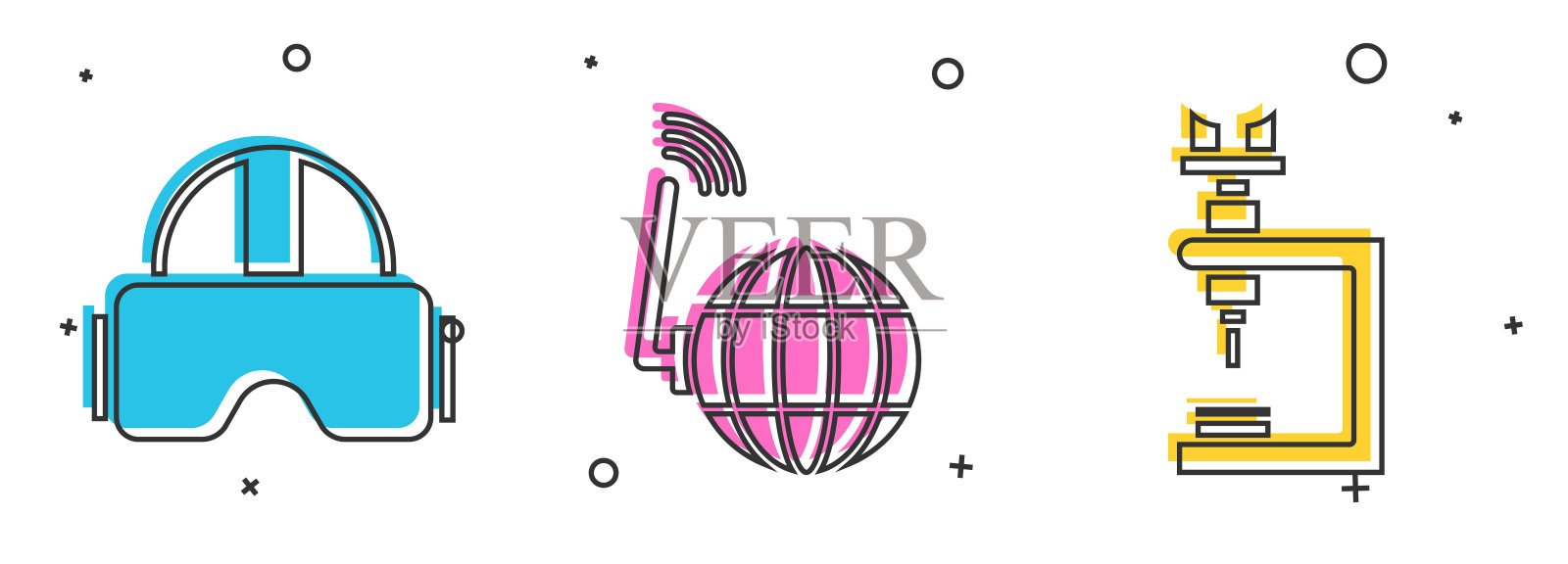 设置虚拟现实眼镜,社交网络和显微镜图标。向量插画图片素材