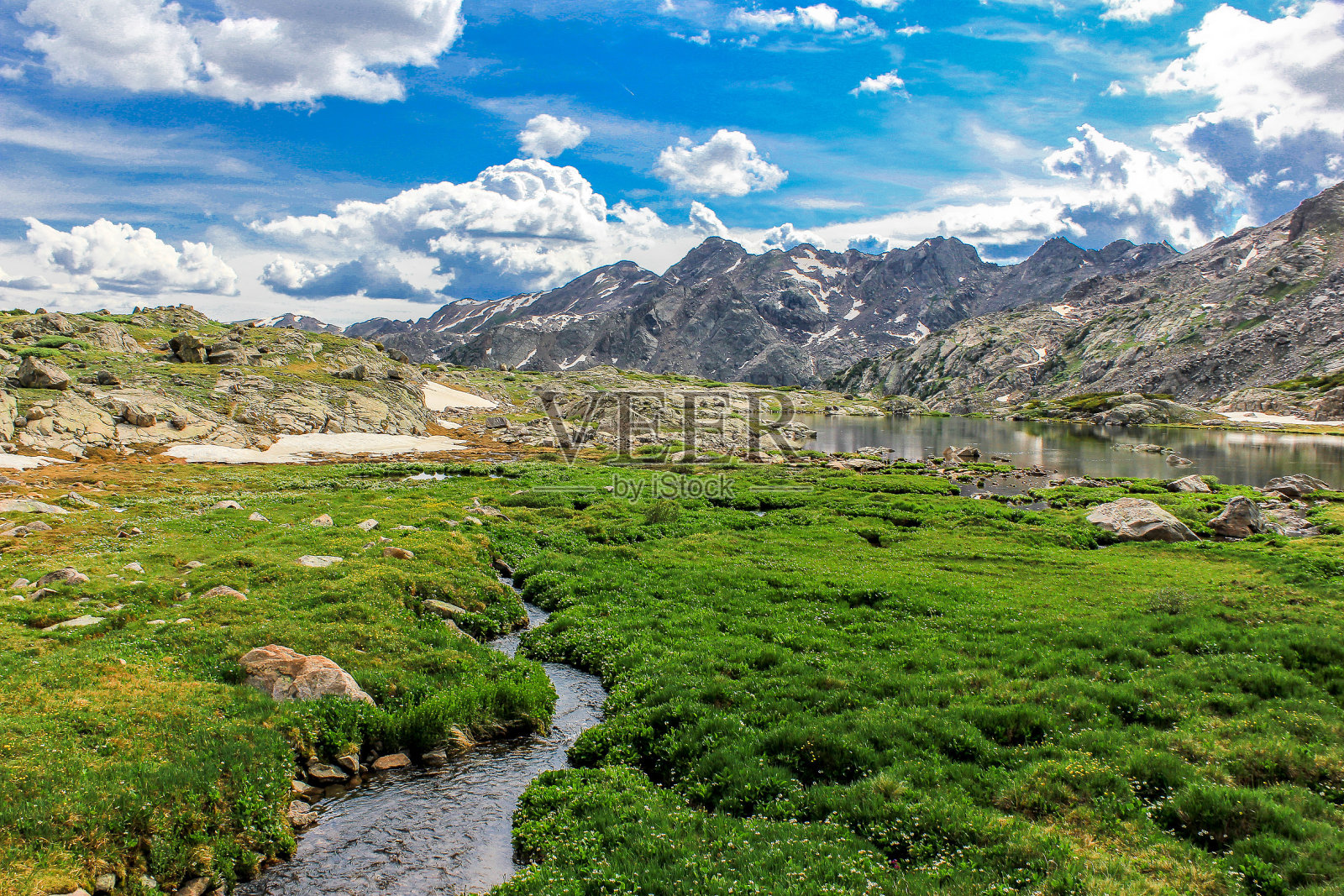 落基山脉景观与湖泊和瀑布照片摄影图片