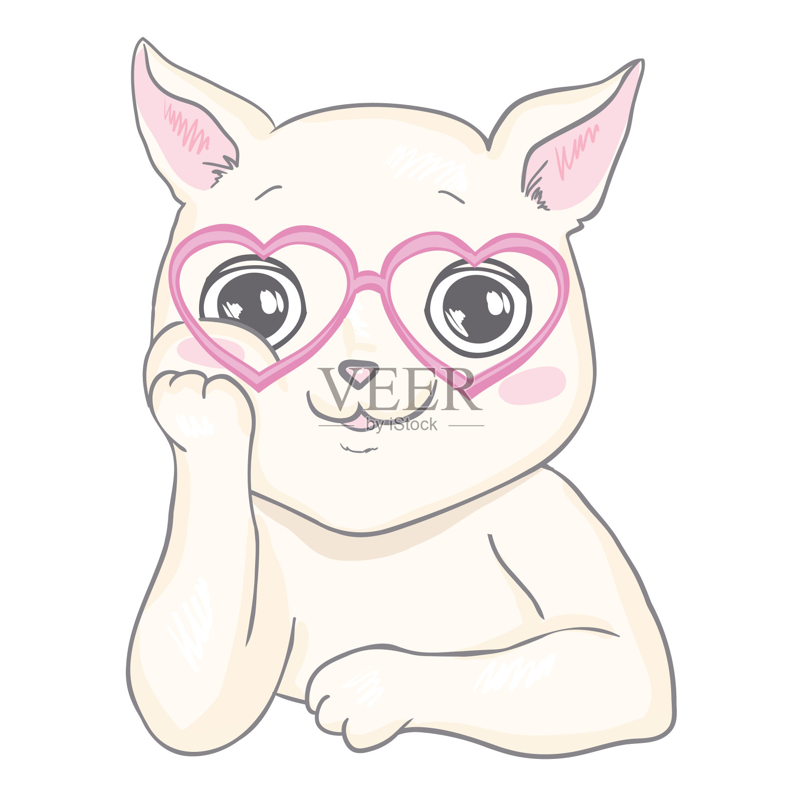 向量可爱的猫插图。手绘时尚小猫艺术。戴眼镜的涂鸦猫。卡通动物孤立在白色。插画图片素材