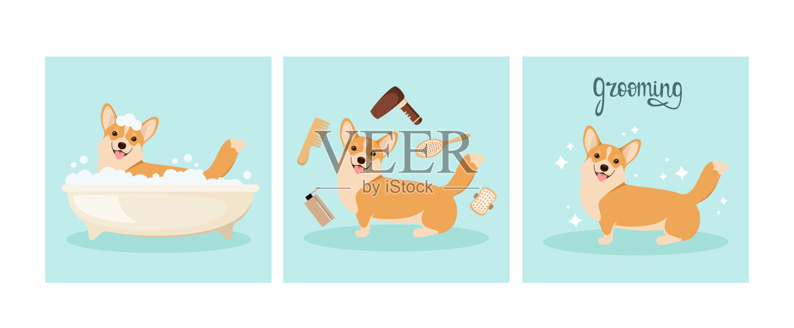 有趣的柯基犬在浴室洗澡插画图片素材