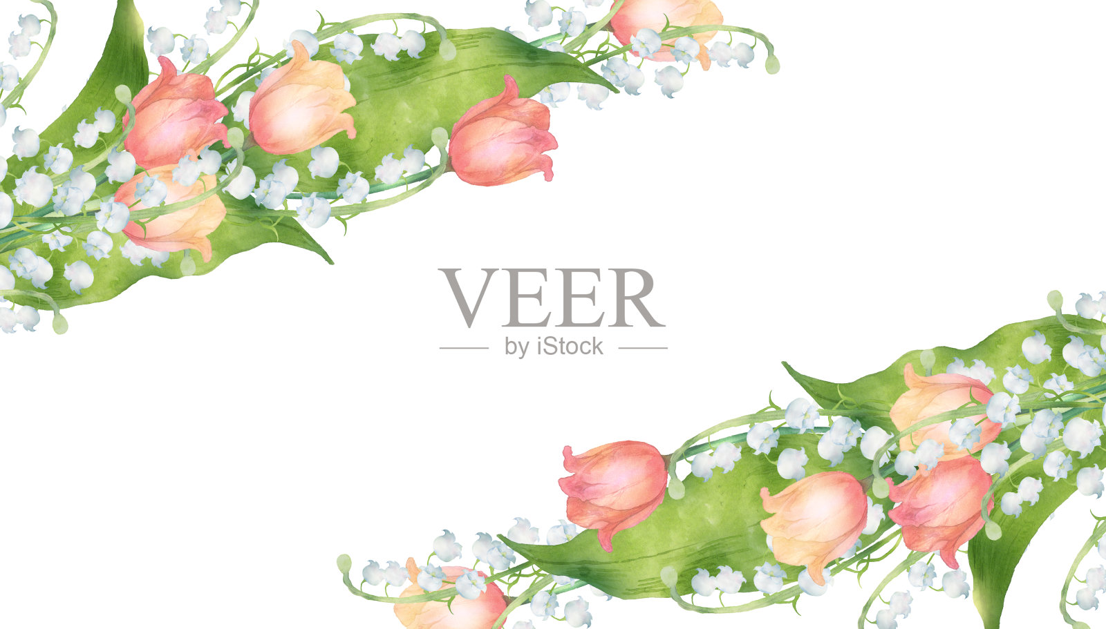 水彩郁金香和铃兰的花朵插画图片素材