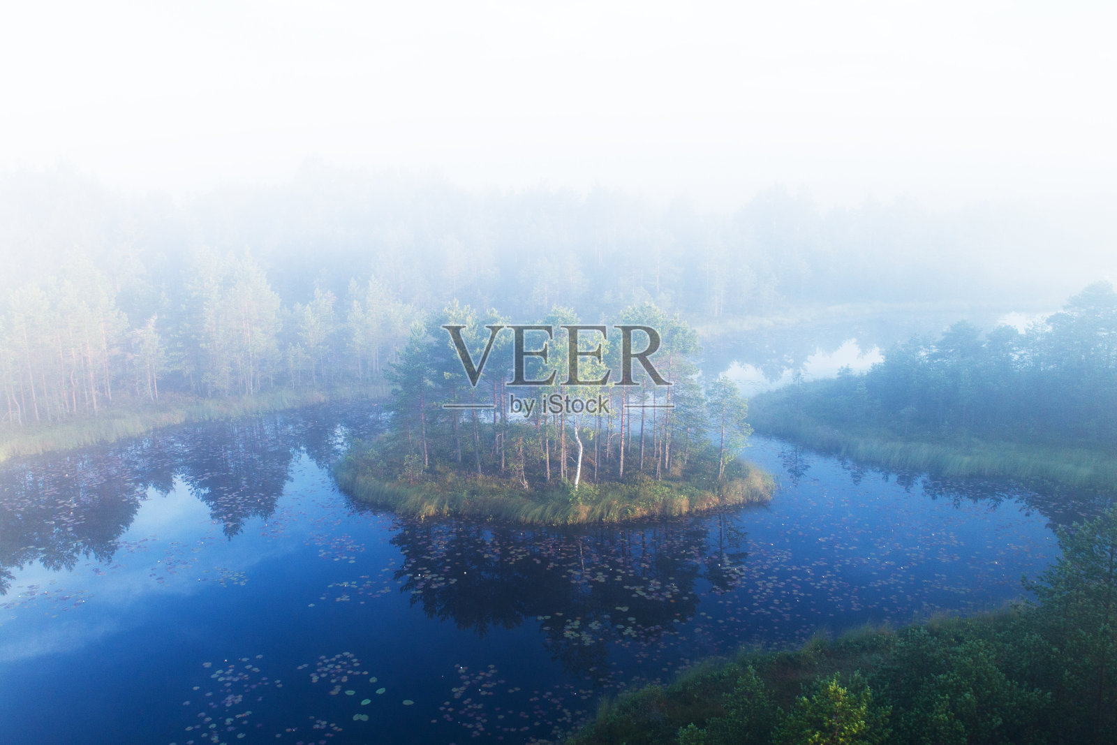 这是爱沙尼亚穆克里沼泽夏季雾蒙蒙的早晨的鸟瞰图,有一些小的沼泽湖和岛屿照片摄影图片