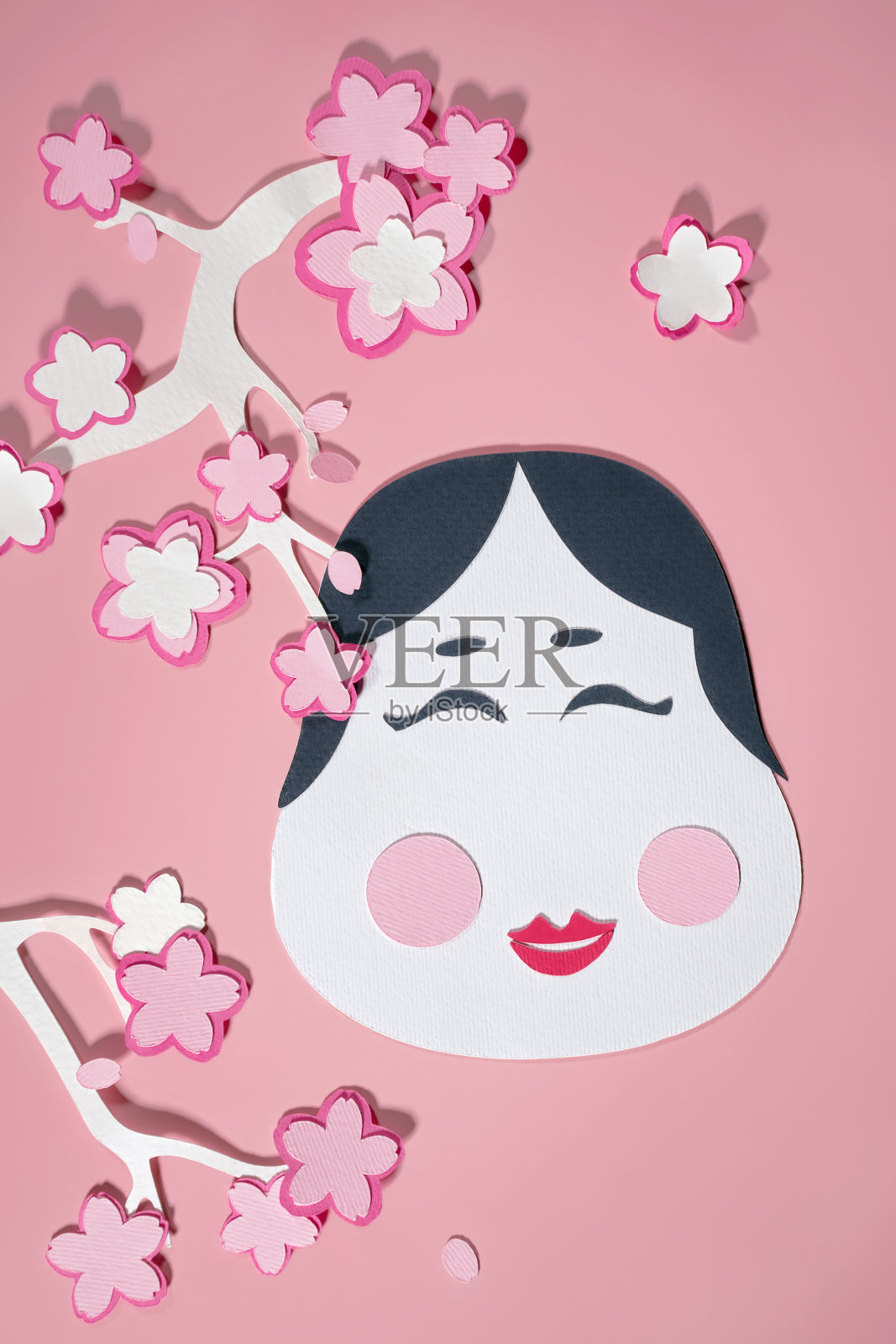 可爱的Setsubun纸工艺品与Okame面具和樱花枝。日本传统节日扔豆节的背景插画图片素材