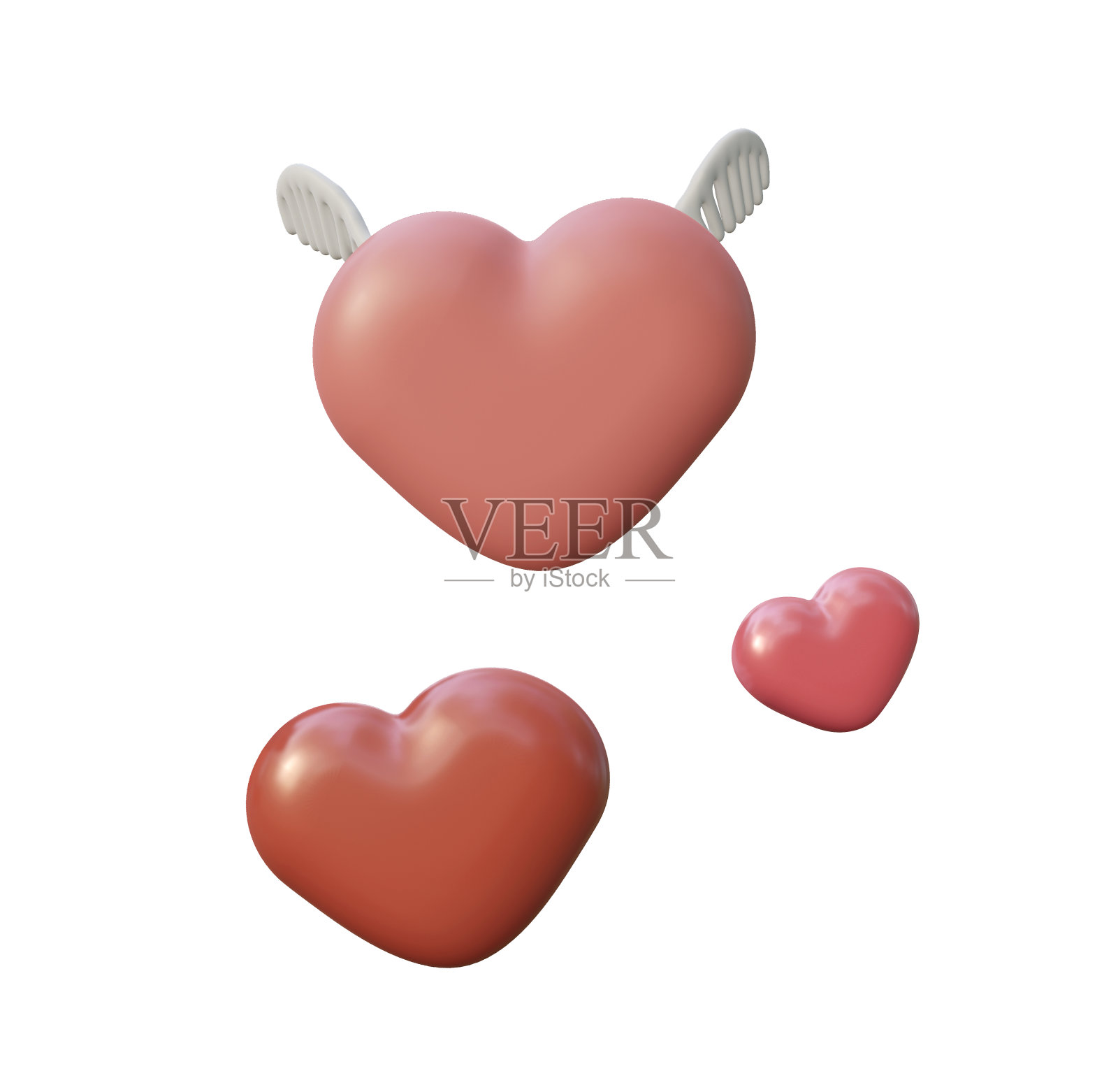 一组粉红色的心与天使的翅膀的3d插图。情人节,象征着一个浪漫的节日,设计元素。照片摄影图片