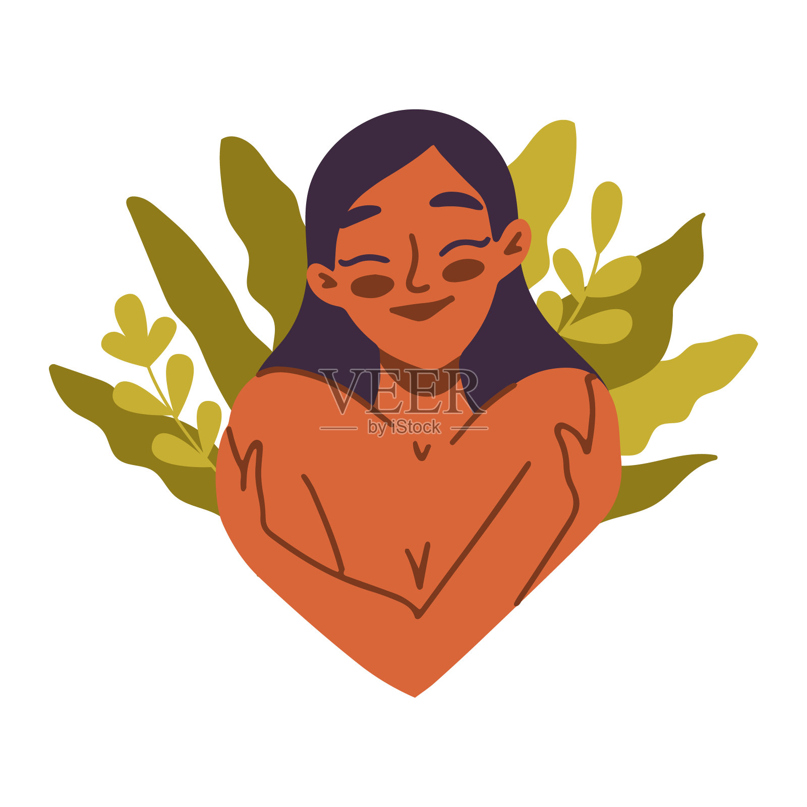 年轻女子抱着自己。美是多样性。自我接纳,自我爱和身体积极概念。海报,横幅,贺卡插画图片素材