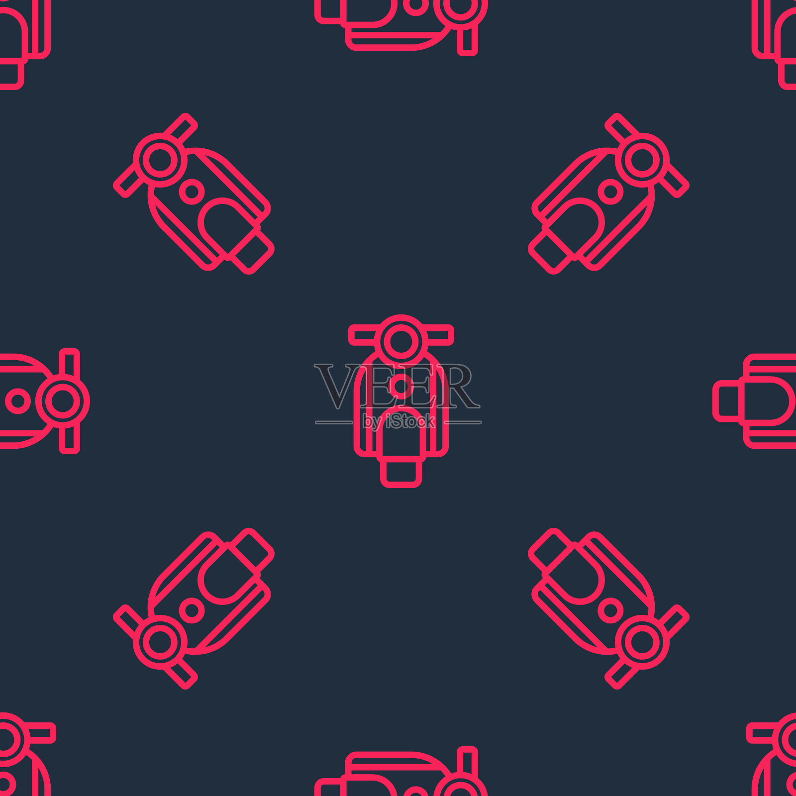 红线滑板车图标孤立无缝图案上的黑色背景。向量插画图片素材