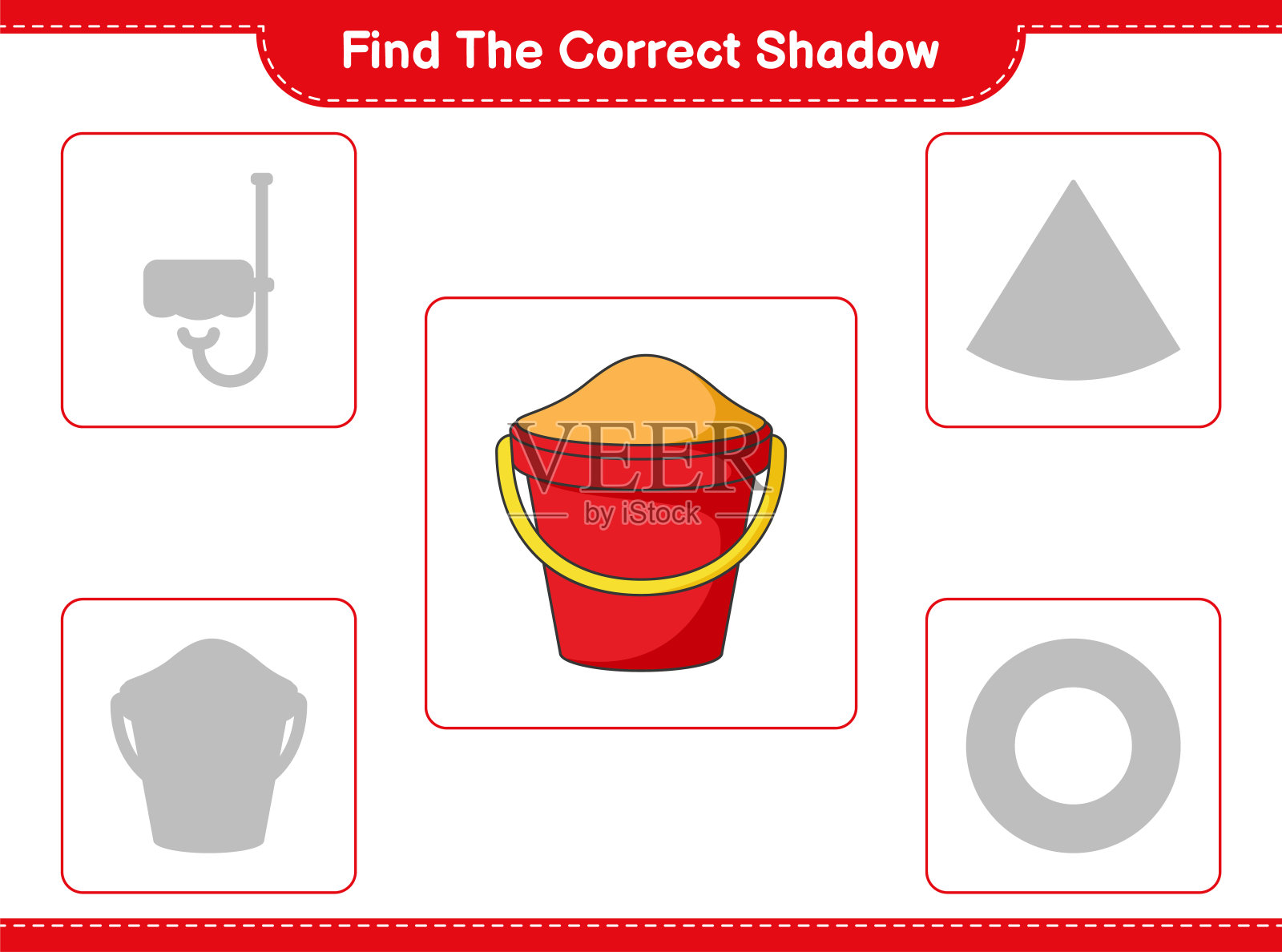 找到正确的影子。找到并匹配正确的沙桶的影子。教育儿童游戏,可打印的工作表,矢量插图插画图片素材
