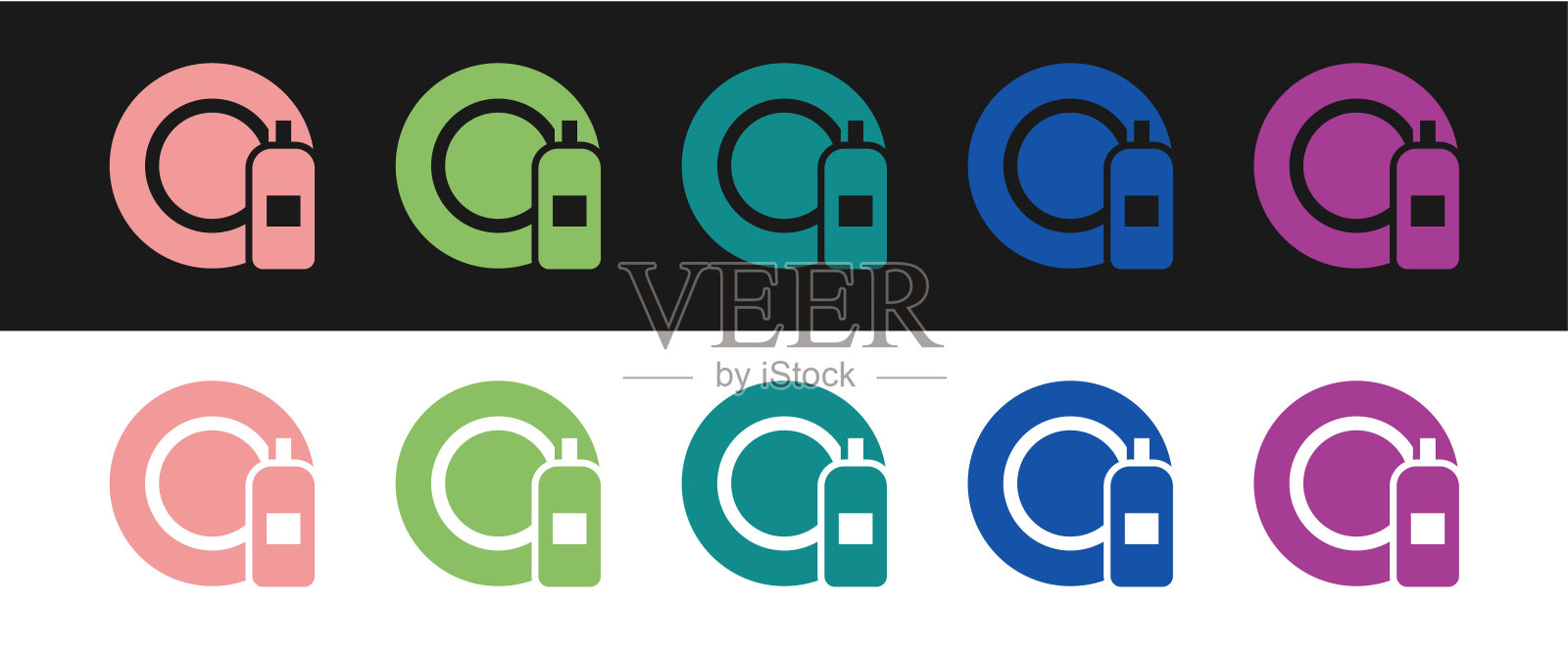 设置洗洁精瓶子和盘子图标孤立在黑白背景上。洗碗用的液体洗涤剂。向量图标素材