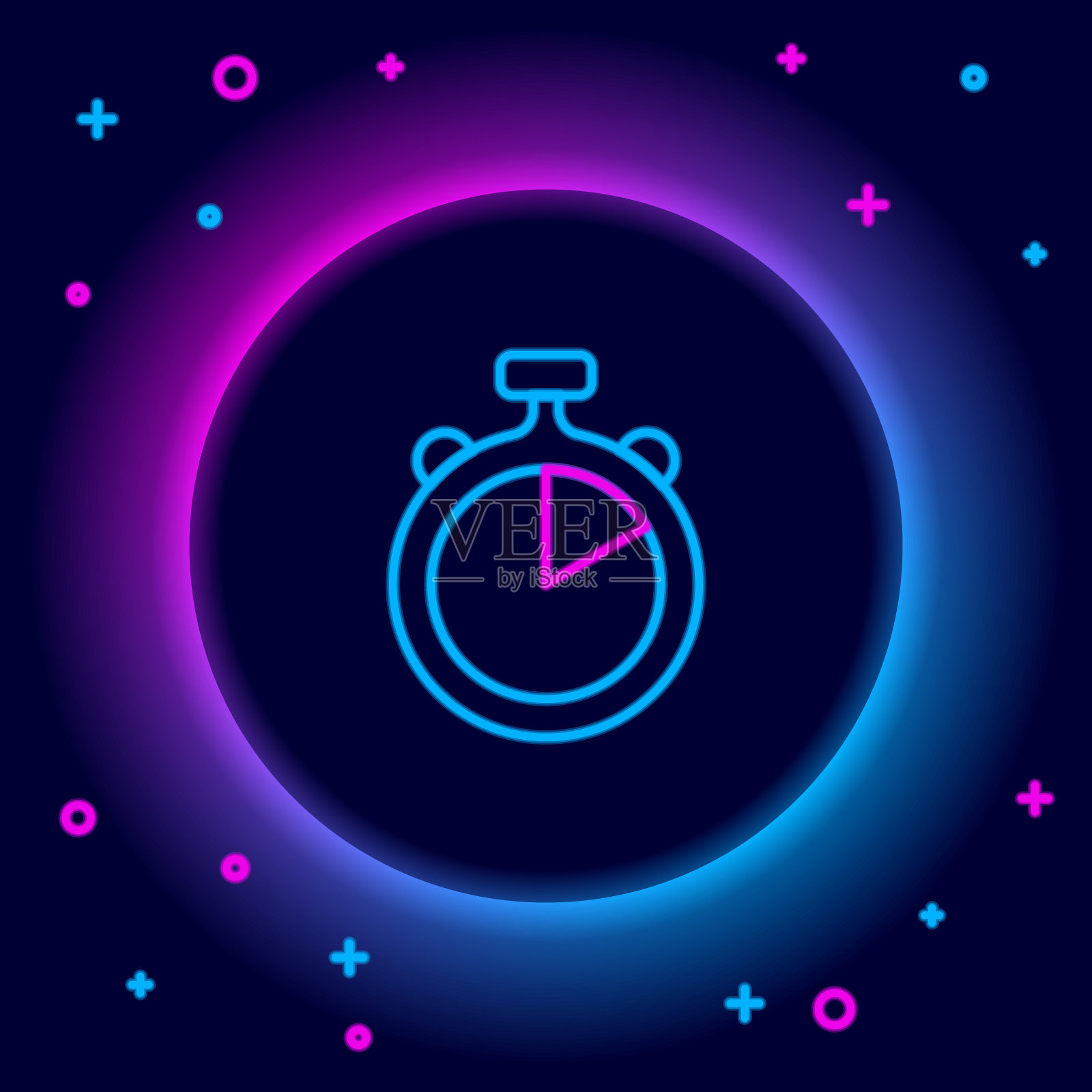 发光的霓虹灯行秒表图标孤立在黑色背景上。时间计时器的迹象。天文钟的迹象。色彩斑斓的轮廓的概念。向量图标素材