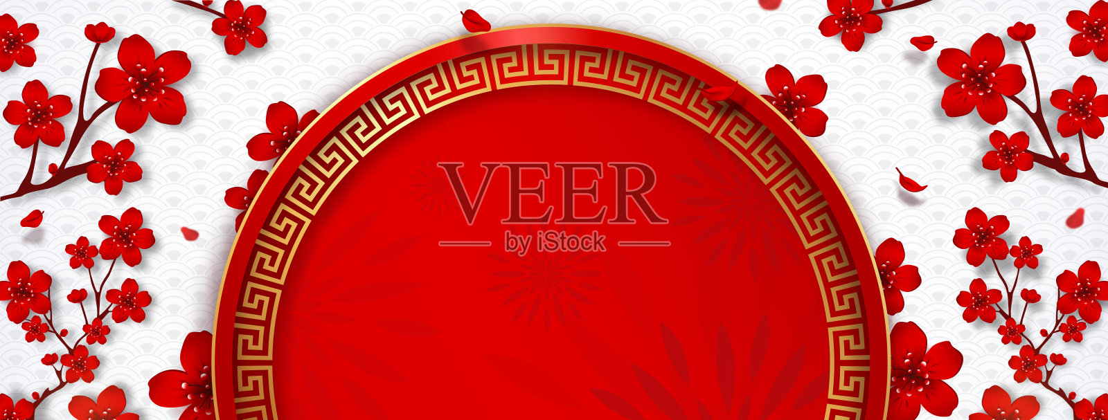 中国新年旗帜背景与红色樱花装饰插画图片素材