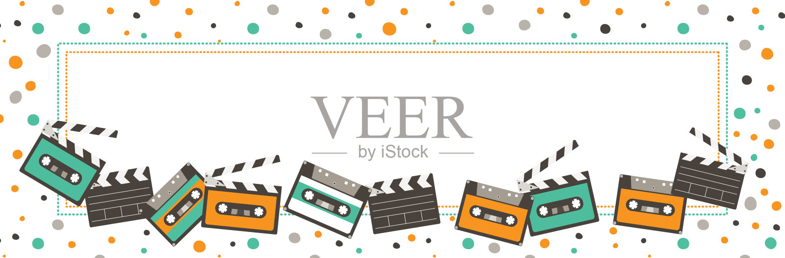 80年代90年代音乐录音带和电影拍板矢量插图在复古潮人平坦的风格。网站横向横幅排行榜社交网络组资料头部图像与复制空间插画图片素材