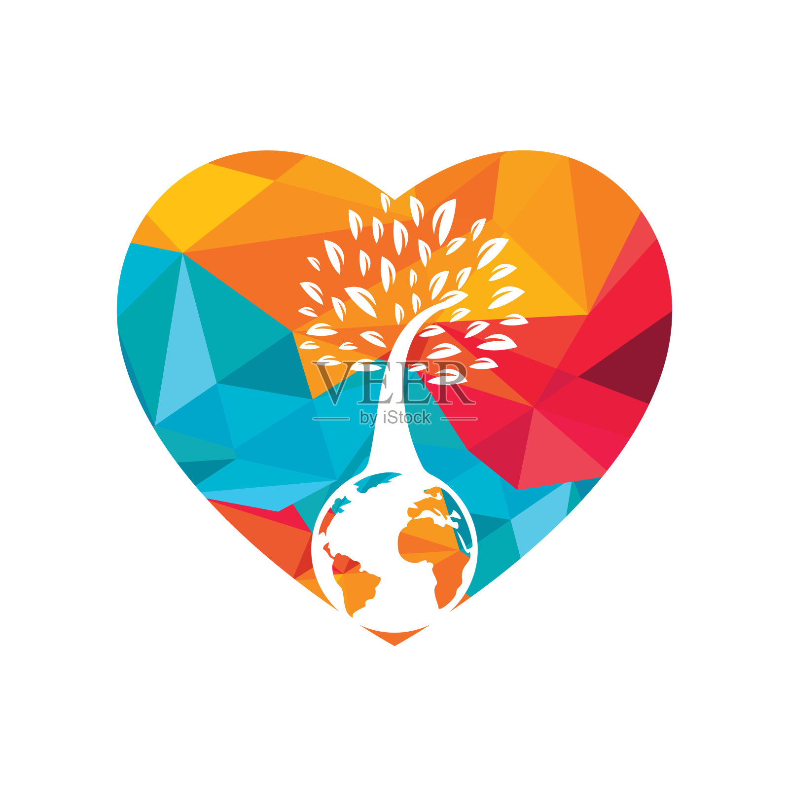 地球树与心矢量标志设计模板。行星和生态标志或图标。插画图片素材