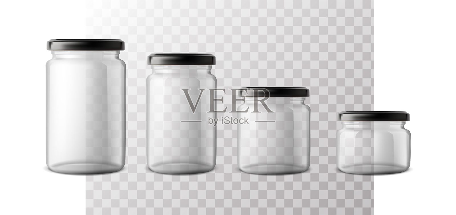 现实的矢量图标。一套玻璃罐子。不同尺寸的透明瓶盖。插画图片素材