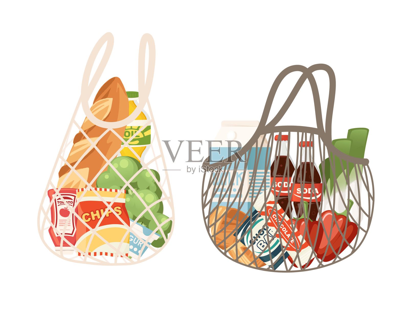 ECO BAG设置与购物袋的不同类型的袋子装满了杂货从商店平面矢量插图在白色背景插画图片素材