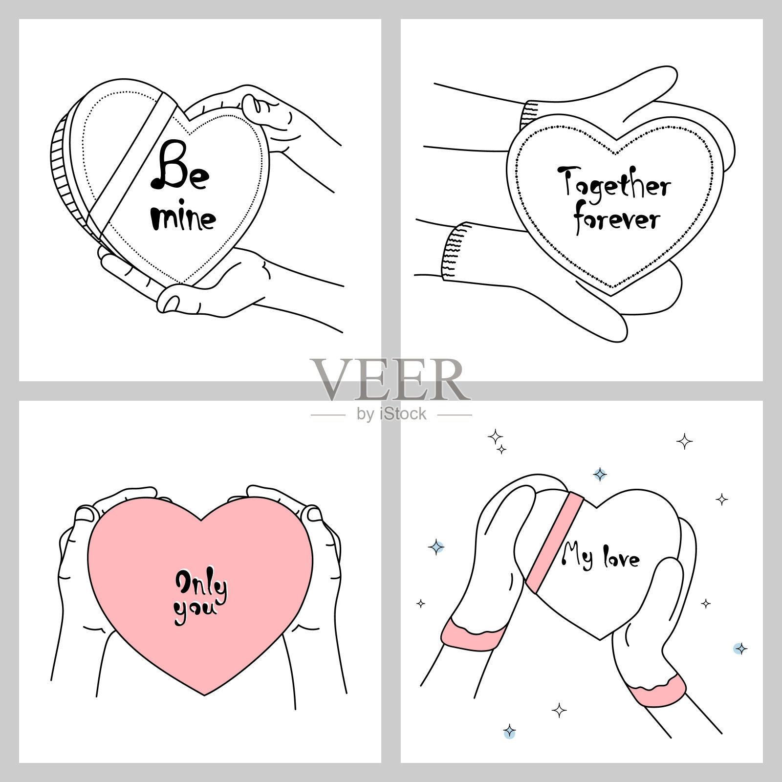 手捧爱心,刻有“属于我”、“永远在一起”、“只有你”、“我的爱”等字样,适用于情人节、母亲节、生日等插画图片素材
