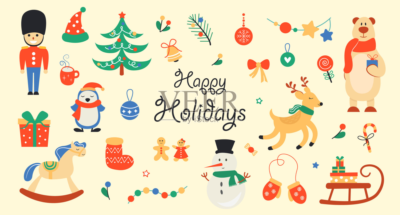 新年和圣诞节的人物和元素。理想的设计和贴纸。在米色背景上的矢量插图。插画图片素材