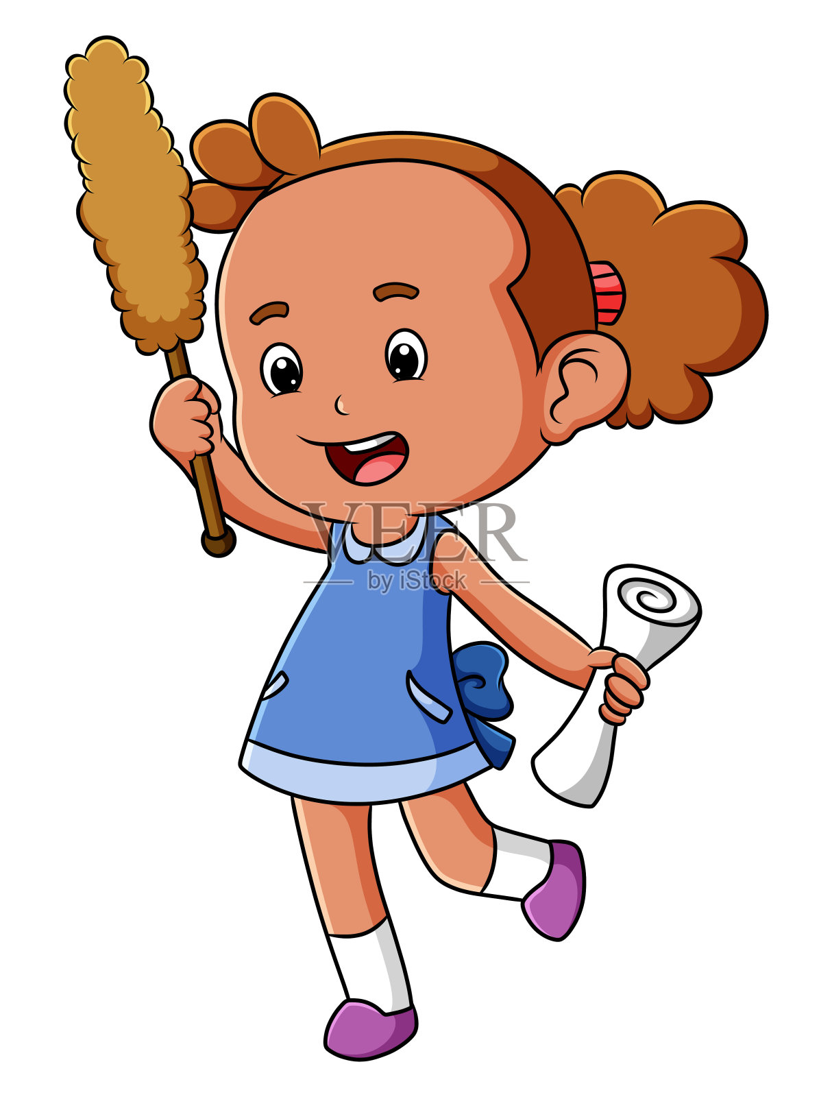 女孩拿着鸡毛掸子和抹布要擦东西插画图片素材