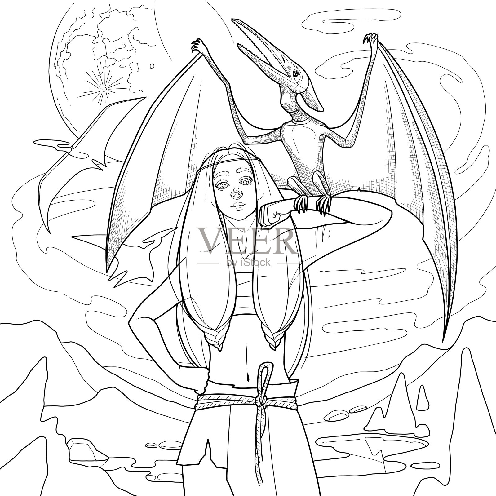 一个长头发的可爱女孩,前臂上抱着一只翼手龙,站在山丘周围。插画图片素材