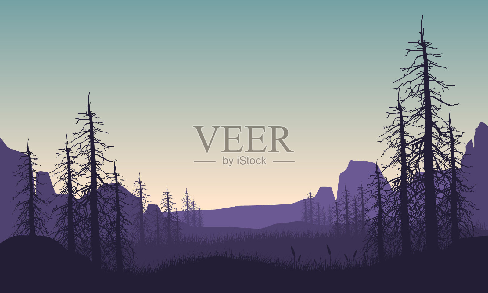 绿色稻田边缘的山脉和干枯的树木令人惊叹的景色插画图片素材