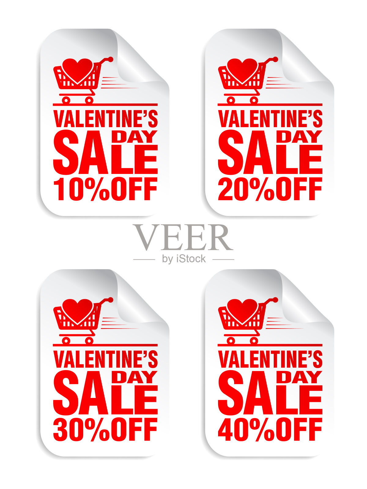 情人节销售白色贴纸与红色文本集,购物车与心的图标。降价10%,20%,30%,40%设计元素图片