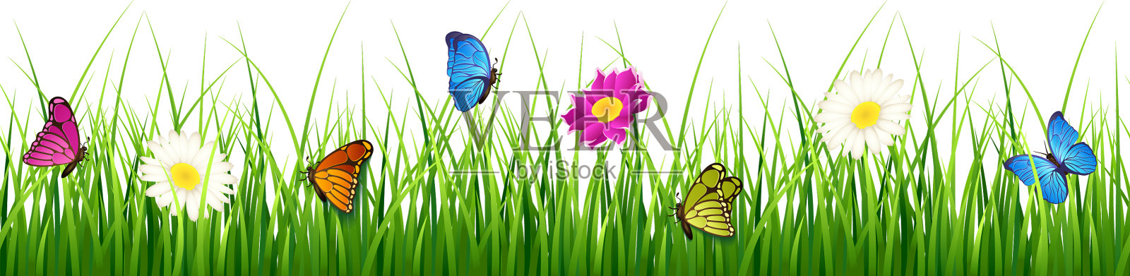 草地上有鲜花和蝴蝶设计元素图片