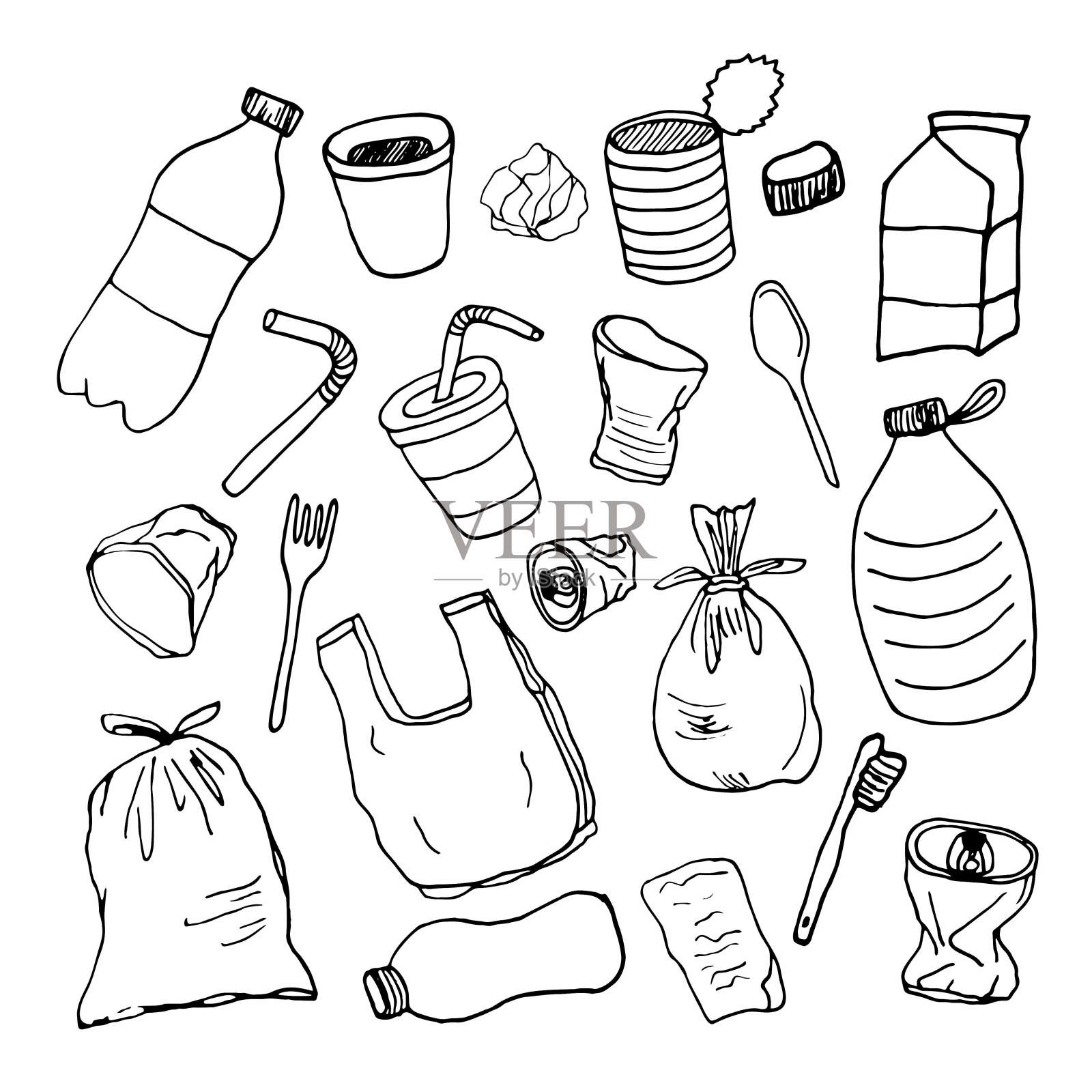 手绘涂鸦停止塑料污染图标设置。矢量插图草图符号集合。卡通概念元素袋瓶回收标志。地球日的图标设计元素图片