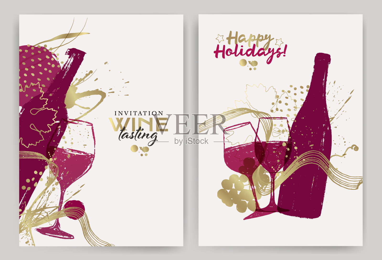 一套葡萄酒设计与插图的葡萄酒杯和装饰形状。插画图片素材