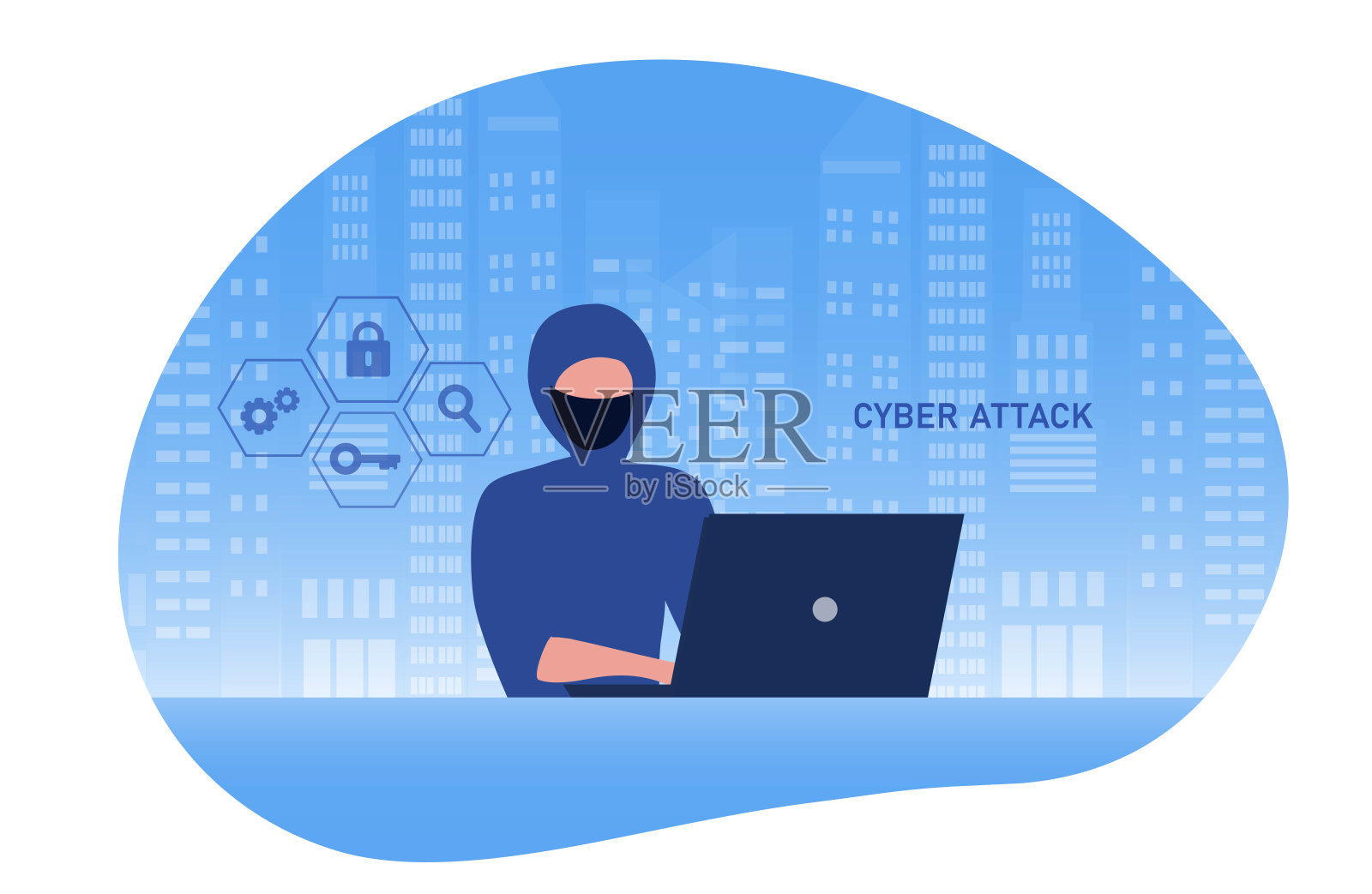 黑客犯罪攻击与个人数据安全概念。黑客试图解锁电脑和钓鱼帐户的密钥,窃取密码。网络安全、安全体系与网络犯罪的概念。插画图片素材