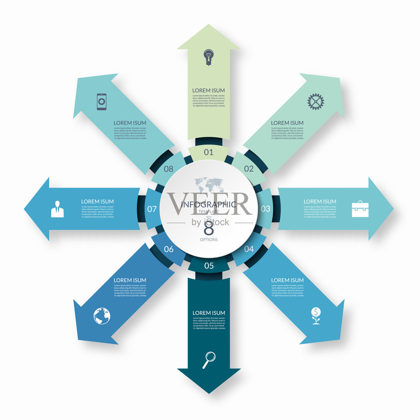 8个箭头从中心指向的信息图形圆。商业信息图的8步矢量模板。设计模板素材