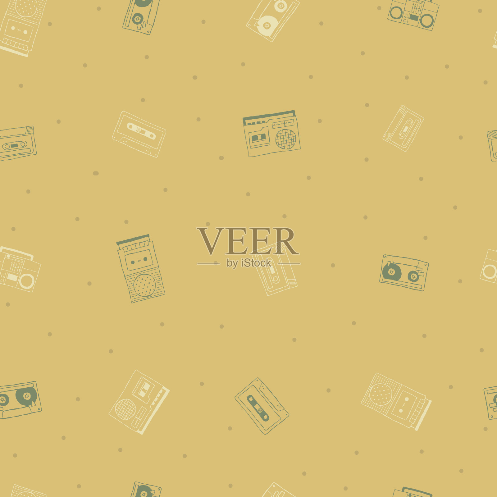 矢量复古盒式磁带播放机和扬声器无缝模式背景。插画图片素材