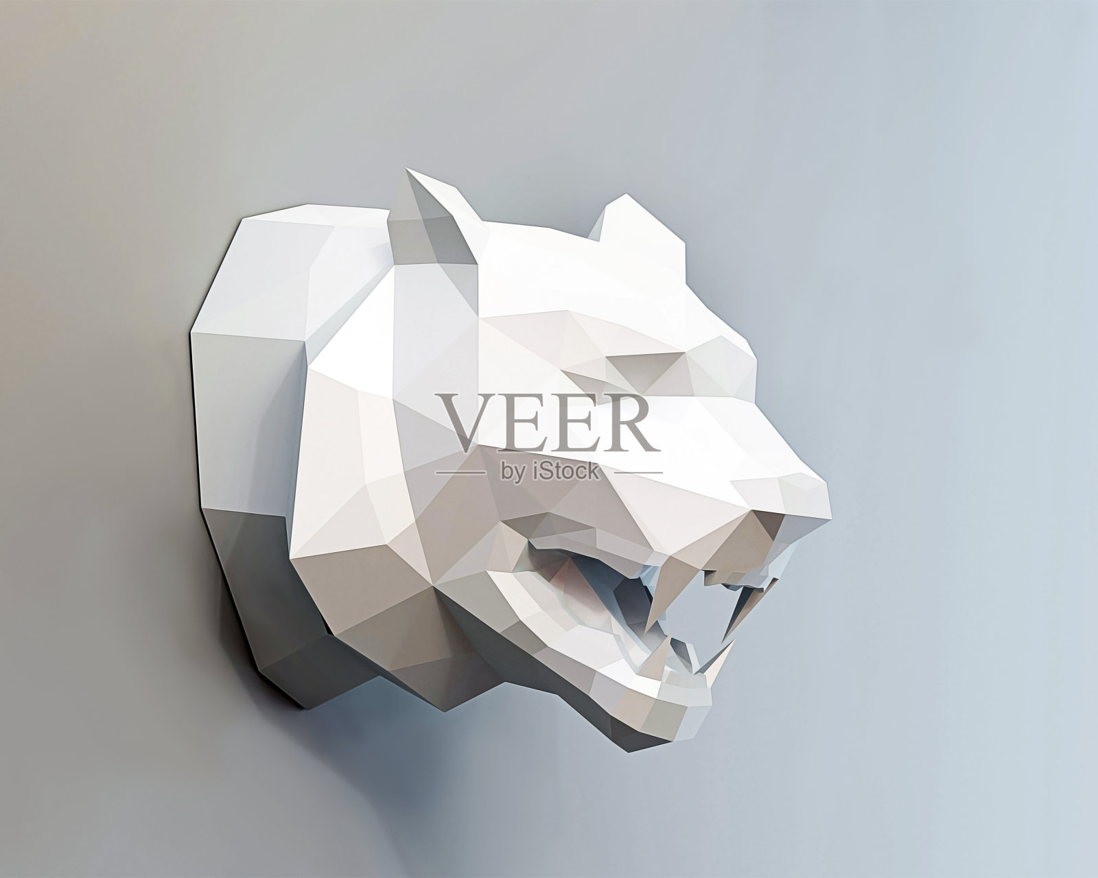 白色低聚老虎头灰色背景,纸动物奖杯在墙上,3d渲染照片摄影图片