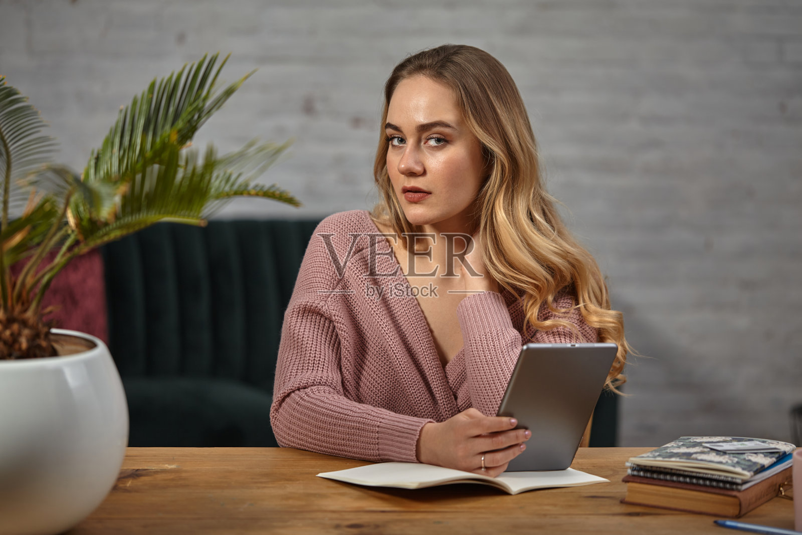 穿着粉色开襟羊毛衫的女博主拿着平板电脑。坐在木桌旁,桌上放着笔记本和一棵棕榈树。学生,博主。特写镜头照片摄影图片