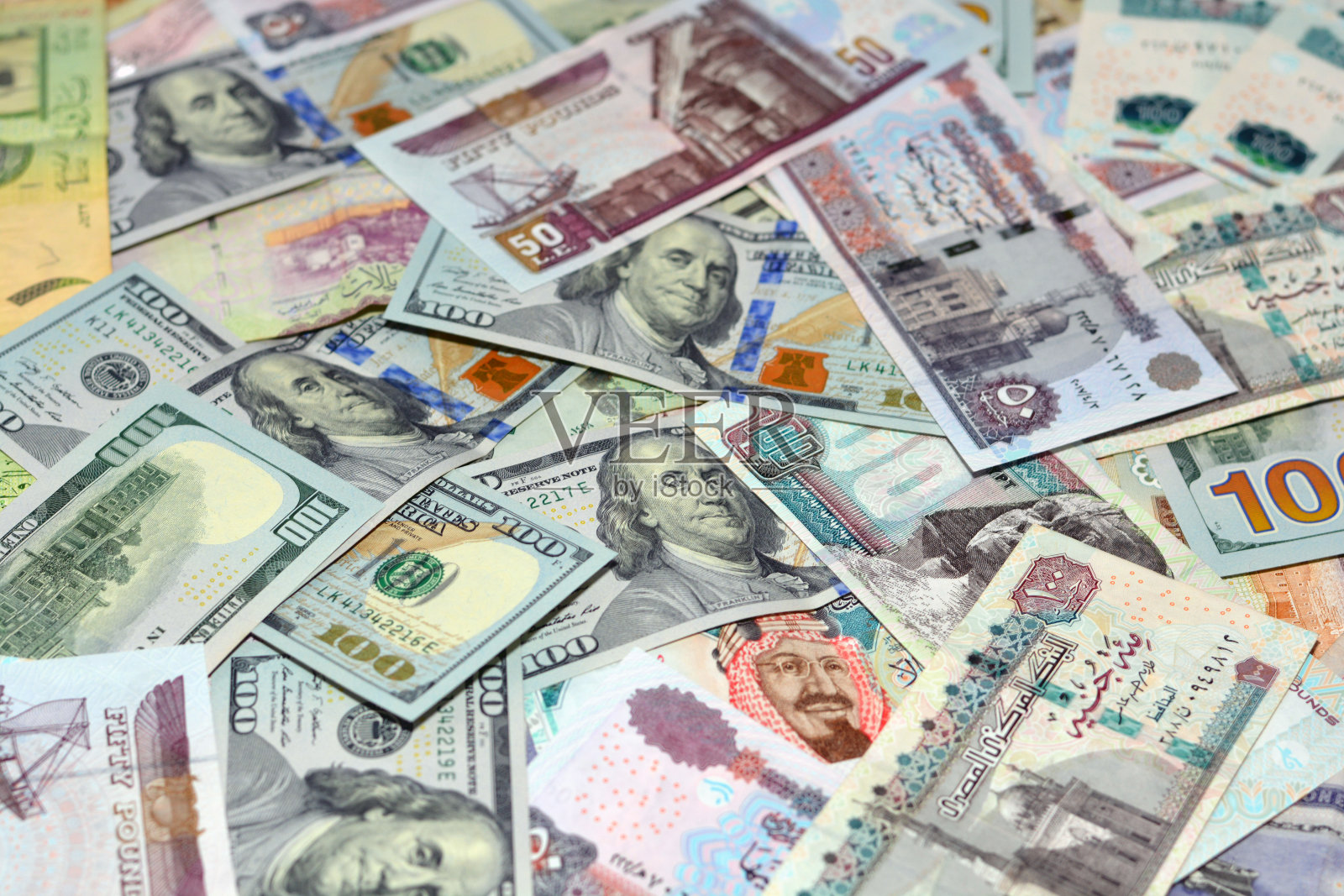 沙特里亚尔、埃及镑和美元汇率背景照片摄影图片