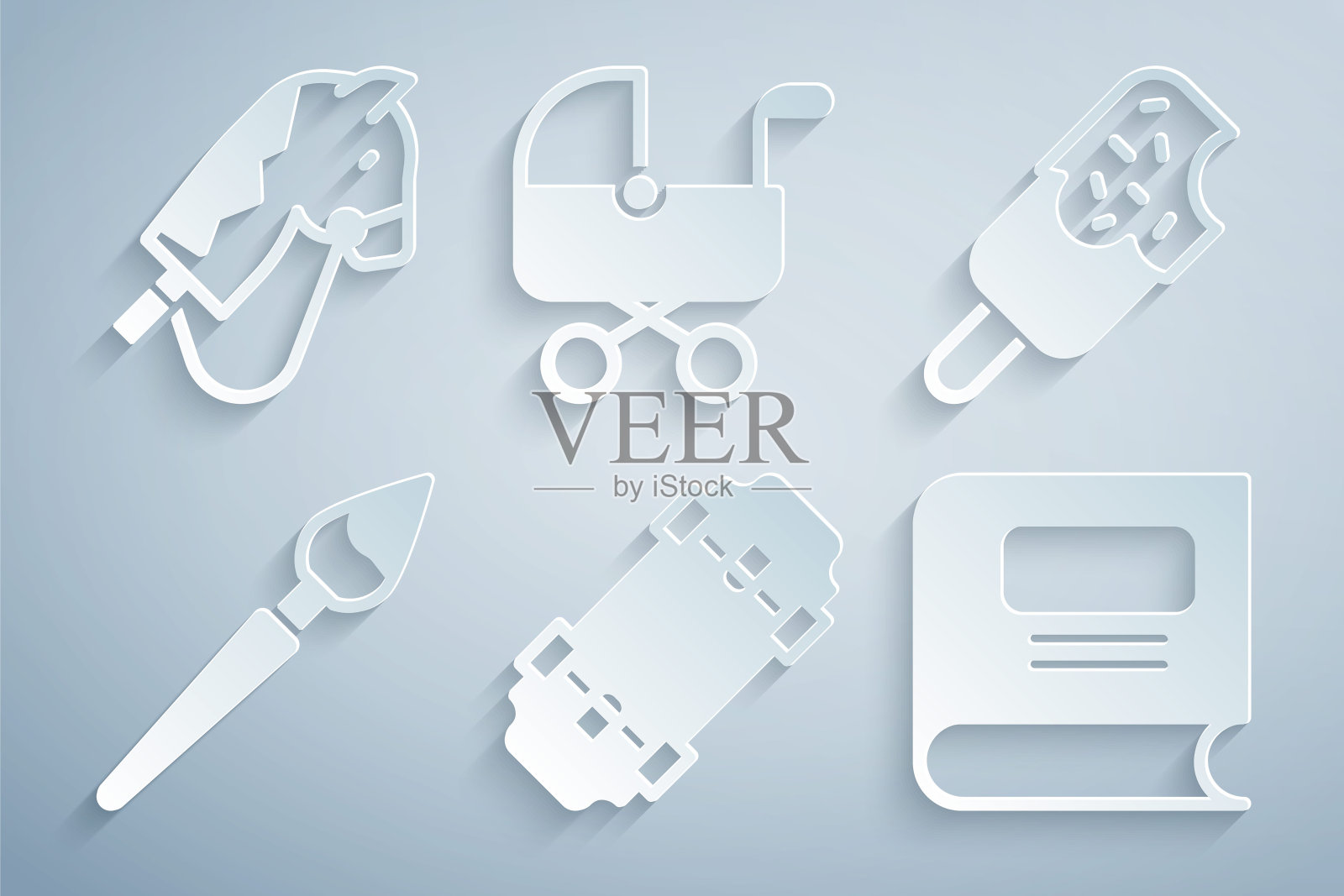 设置滑板,冰淇淋,画笔,书,婴儿车和玩具马图标。向量图标素材