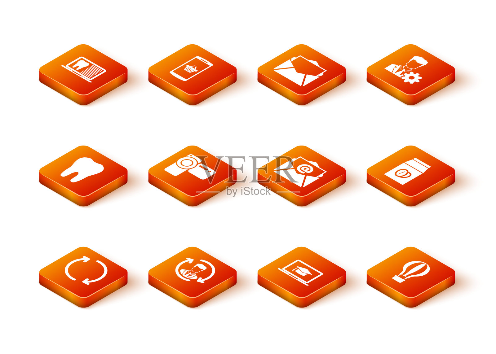 设置刷新,人力资源,牙齿,电影相机,毕业帽笔记本电脑和邮件和电子邮件图标。向量图标素材