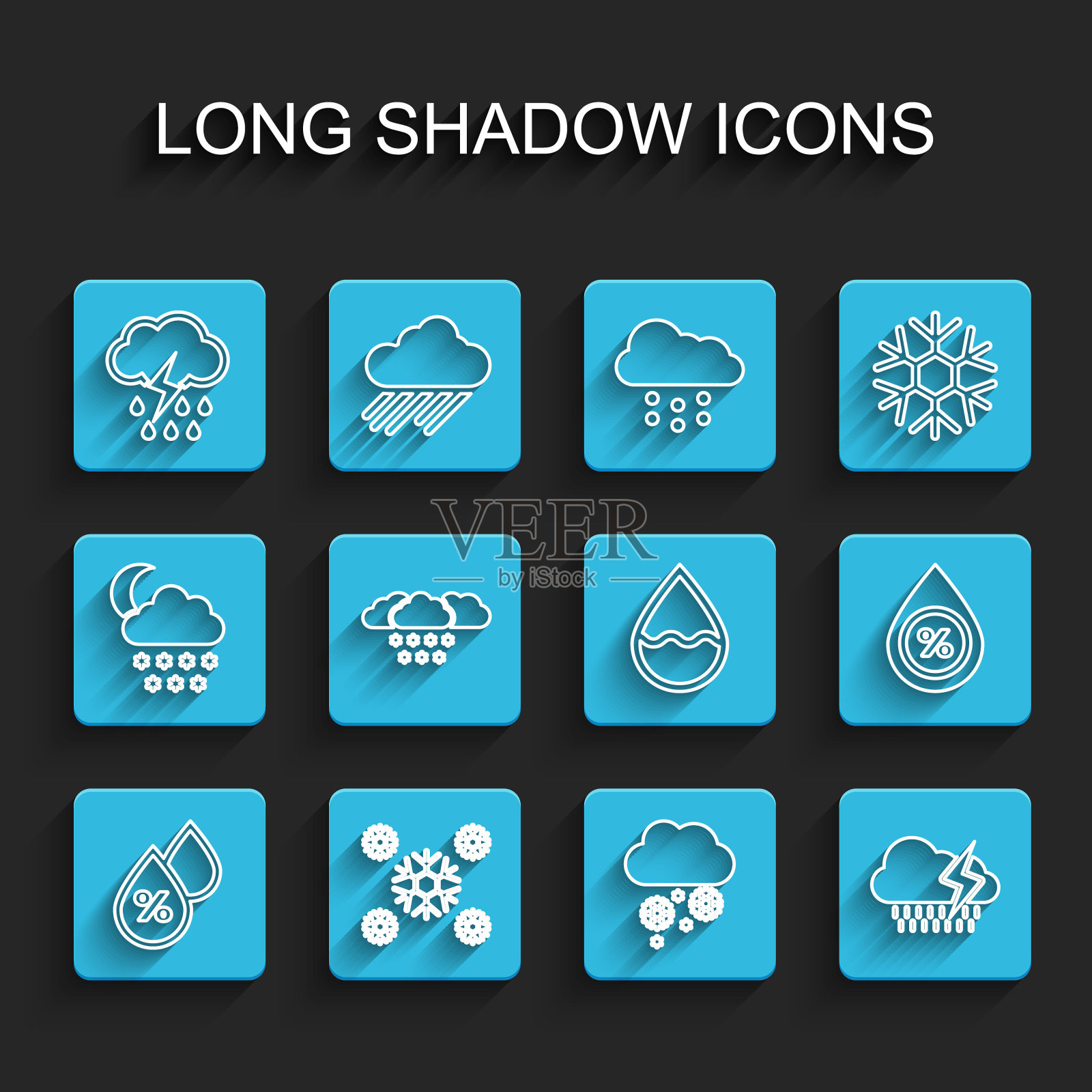 设置线水滴百分比,雪,云与雨和闪电,雪,和图标。向量图标素材