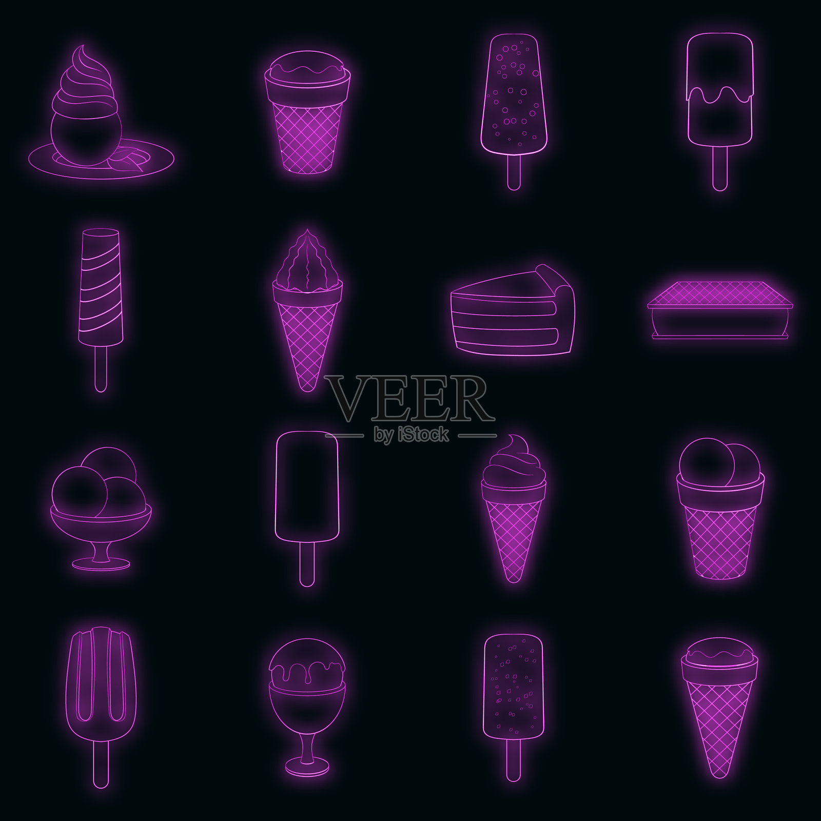 冰淇淋图标设置霓虹灯插画图片素材