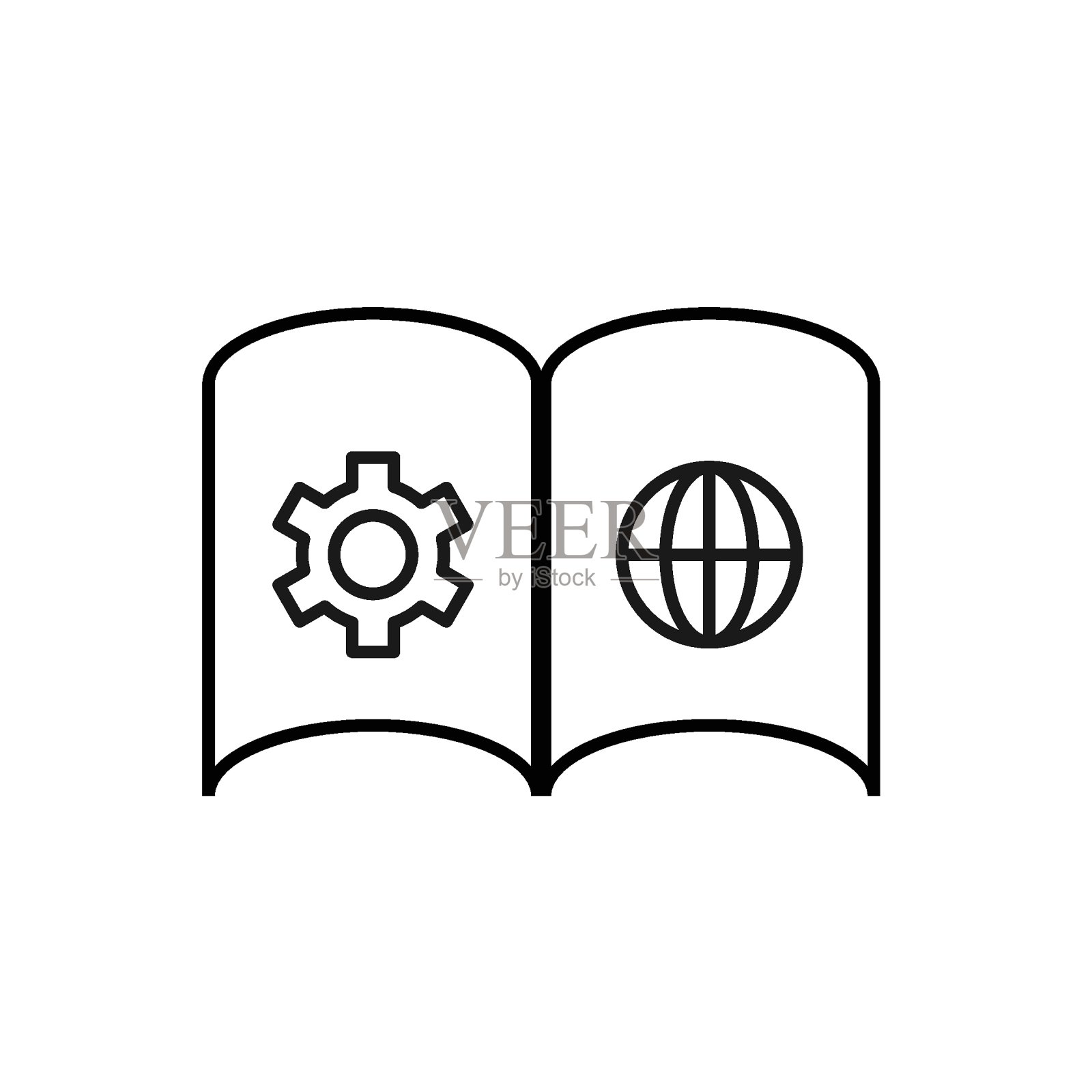 矢量轮廓符号适用于网页,网站,商店,商店,社交网络。可编辑的中风。在打开的书的页面上齿轮和地球仪的线图标图标素材