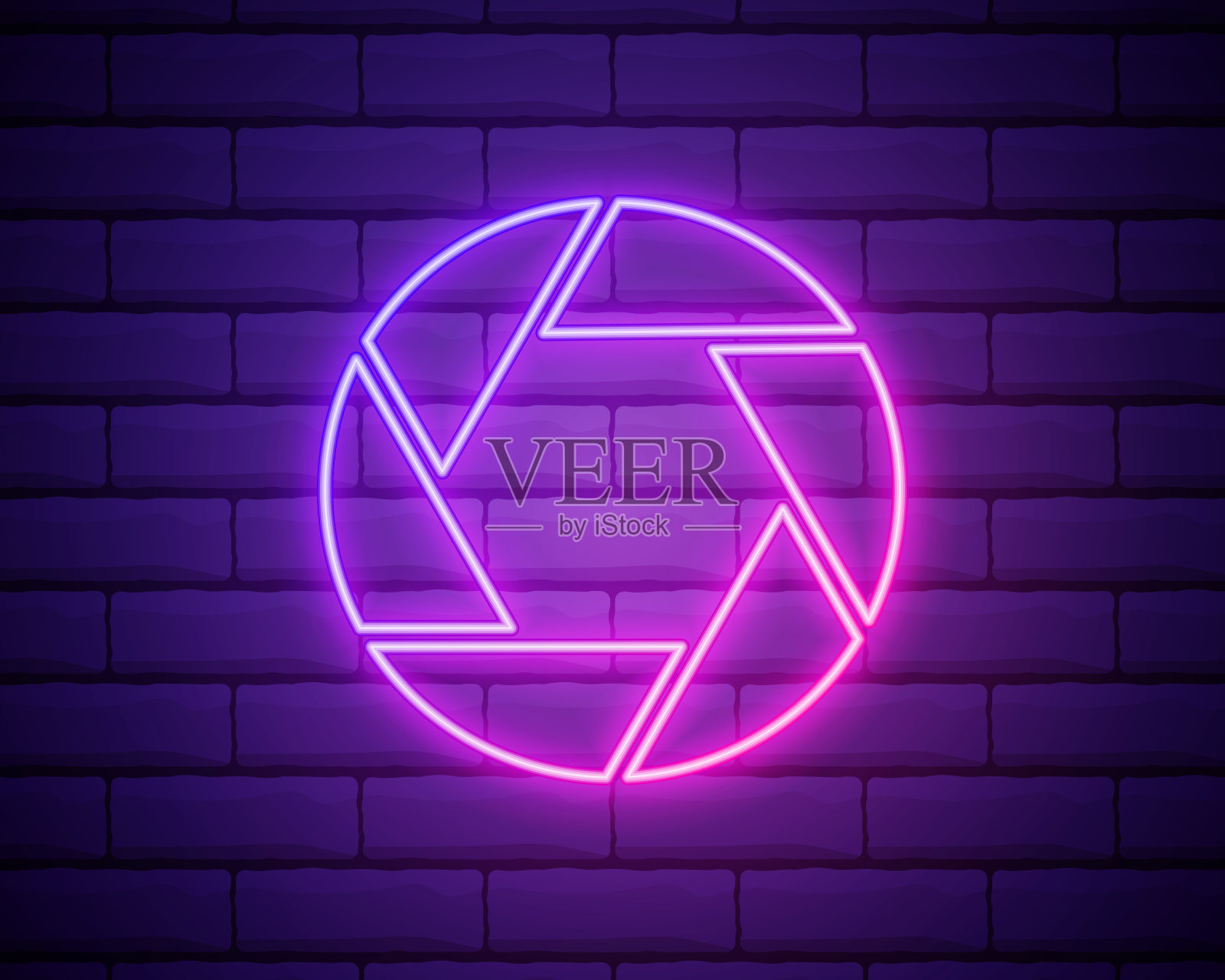 光圈标志霓虹灯图标。照片和视频概念。矢量插图的一个标志设计,网站,装饰,网上商店孤立在砖墙上图标素材