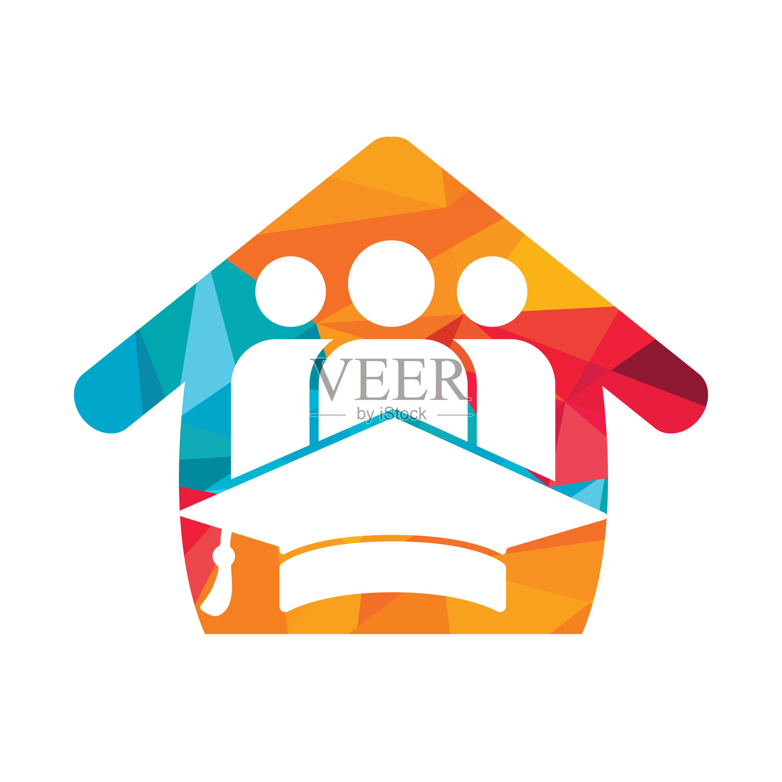 教育人矢量标志设计模板。毕业帽和人与家的图标。插画图片素材