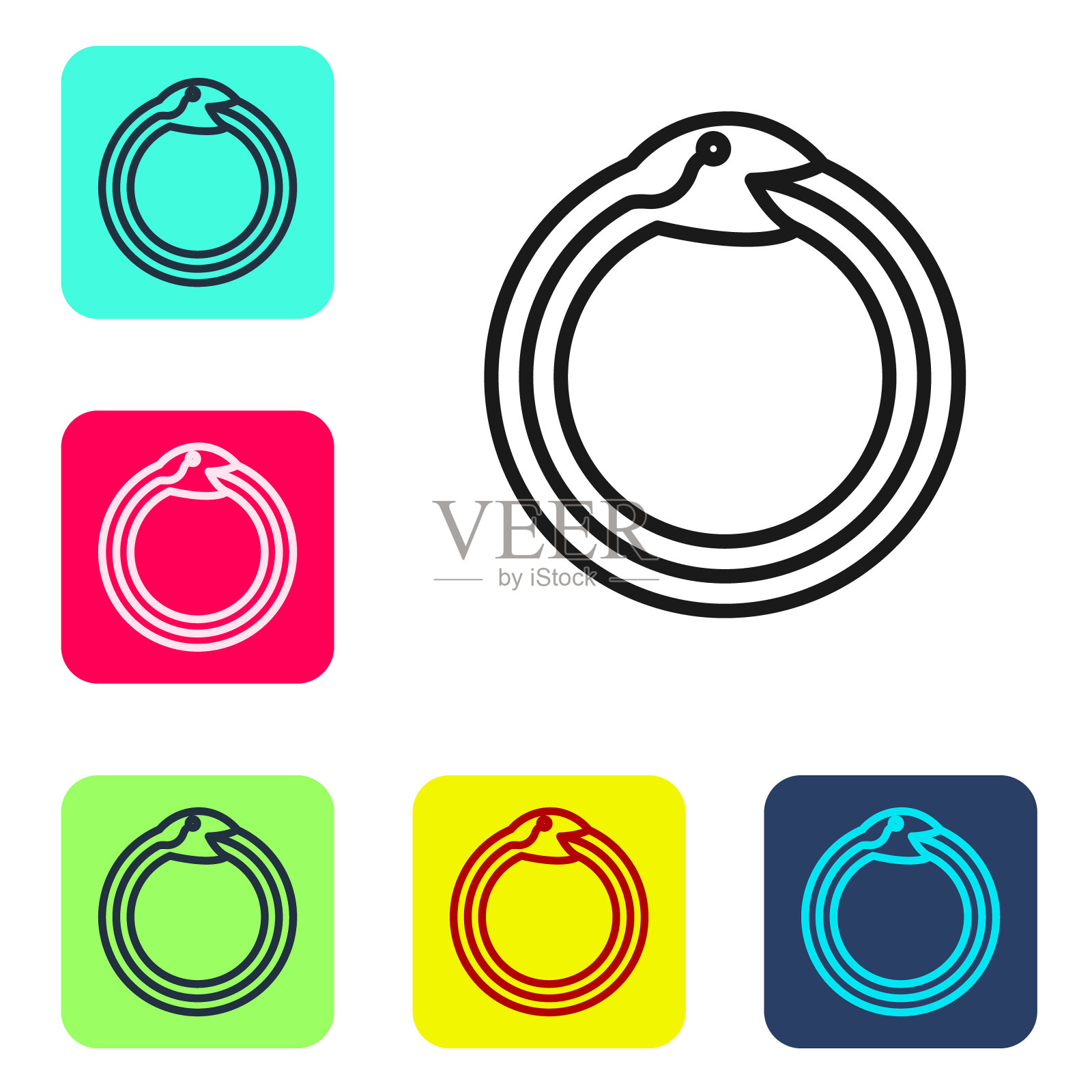 黑色线魔术符号衔尾蛇图标孤立在白色背景上。蛇咬自己的尾巴。动物和无限,神话和蛇。设置彩色方块按钮图标。向量图标素材