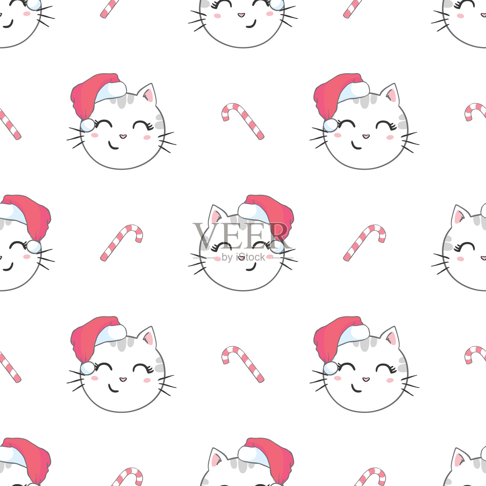 圣诞无缝图案与圣诞老人帽子上可爱小猫的形象。插画图片素材